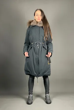 Parka LUX Black with Grey Artic fur and lining with Rex rabbit for women 103 cm