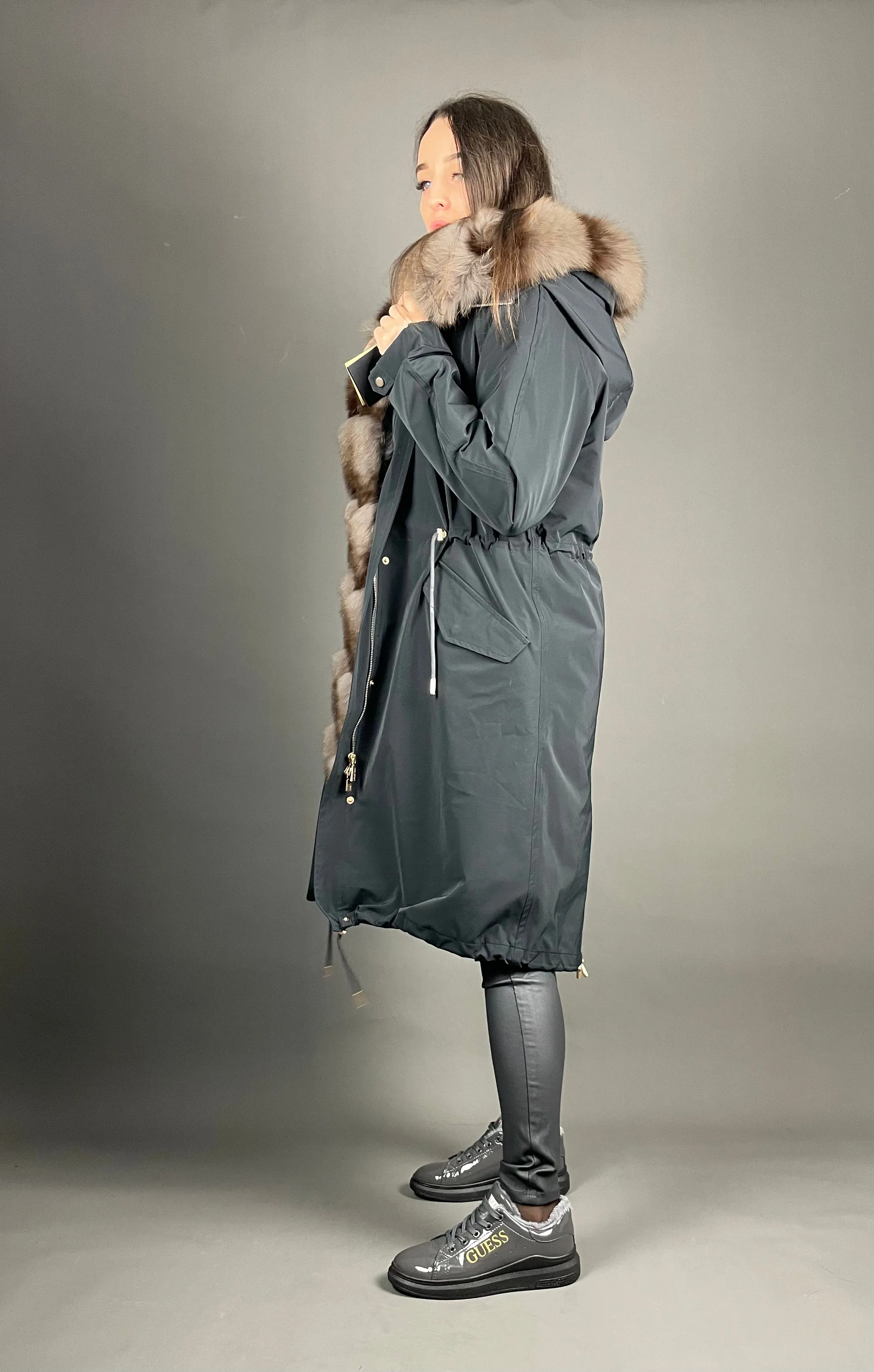 Parka LUX Black with Grey Artic fur and lining with Rex rabbit for women 103 cm