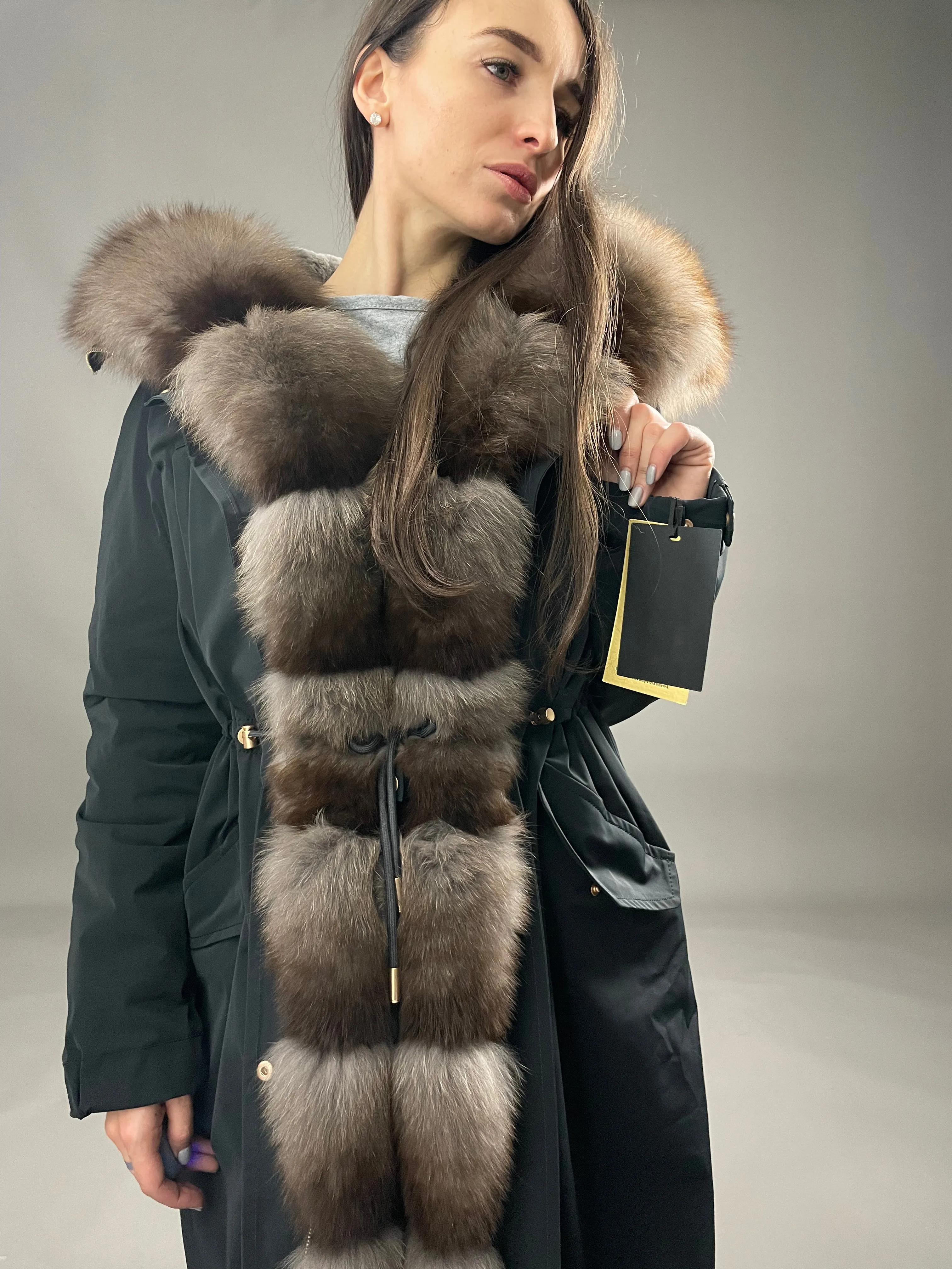 Parka LUX Black with Grey Artic fur and lining with Rex rabbit for women 103 cm