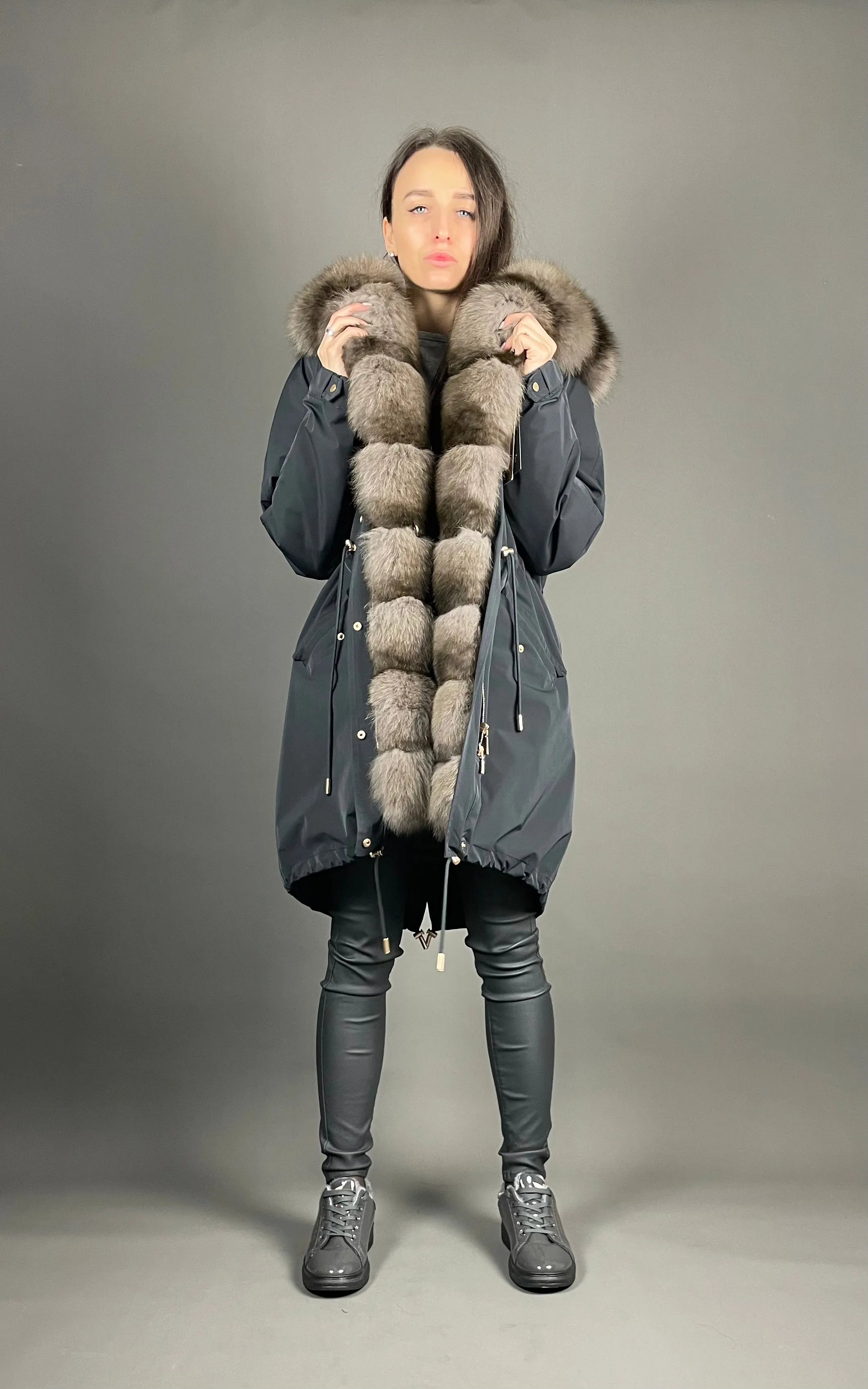 Parka LUX Black with Grey Artic fur and lining with Rex rabbit for women 103 cm