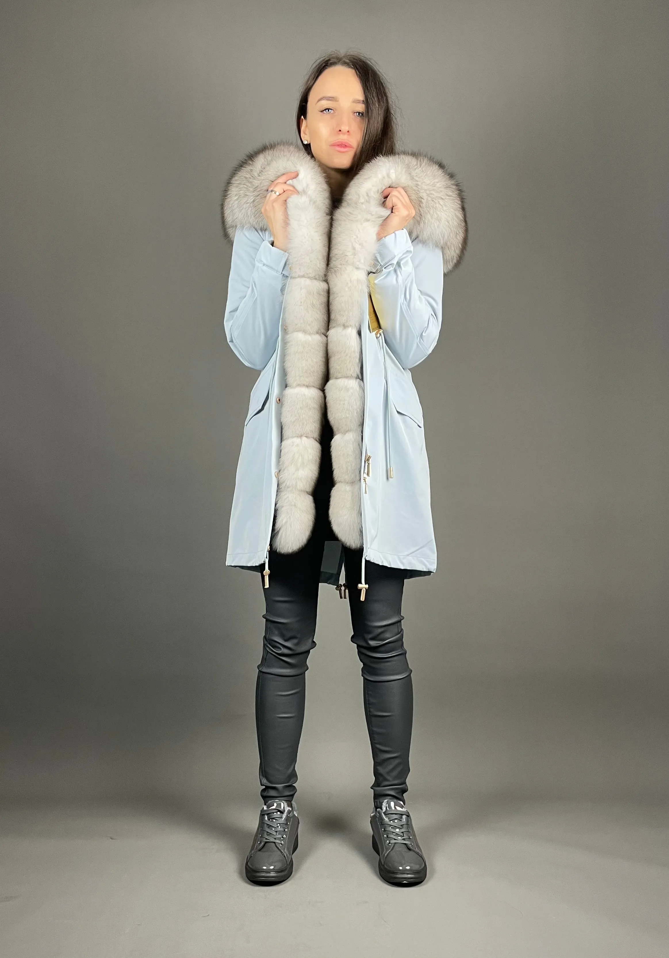 PARKA LUX Blue (JX1) with White-black fur (M16) / Rex for women 95 cm