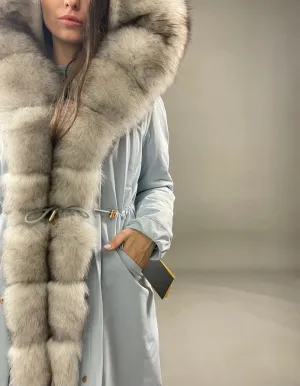 PARKA LUX Blue (JX1) with White-black fur (M16) / Rex for women 95 cm