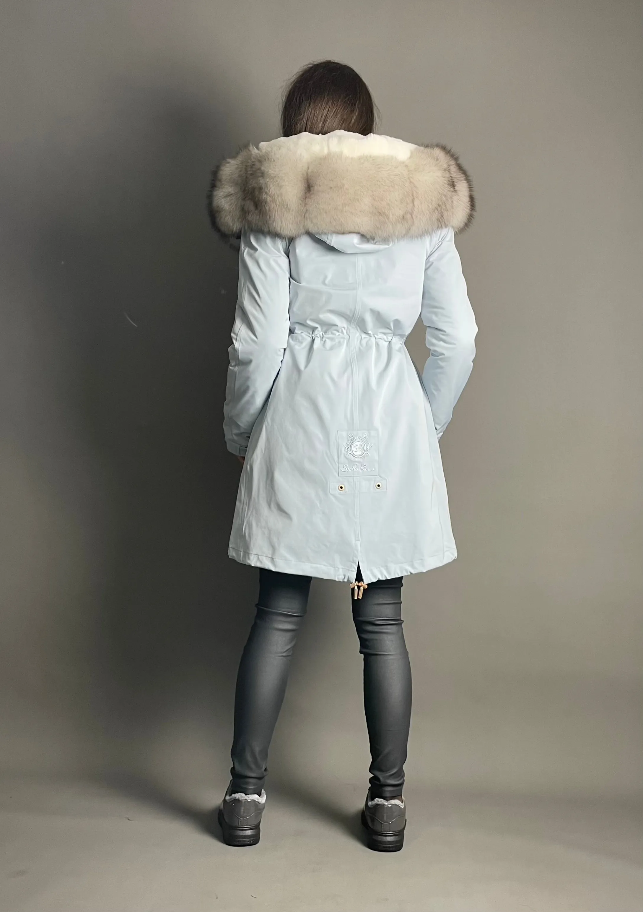 PARKA LUX Blue (JX1) with White-black fur (M16) / Rex for women 95 cm