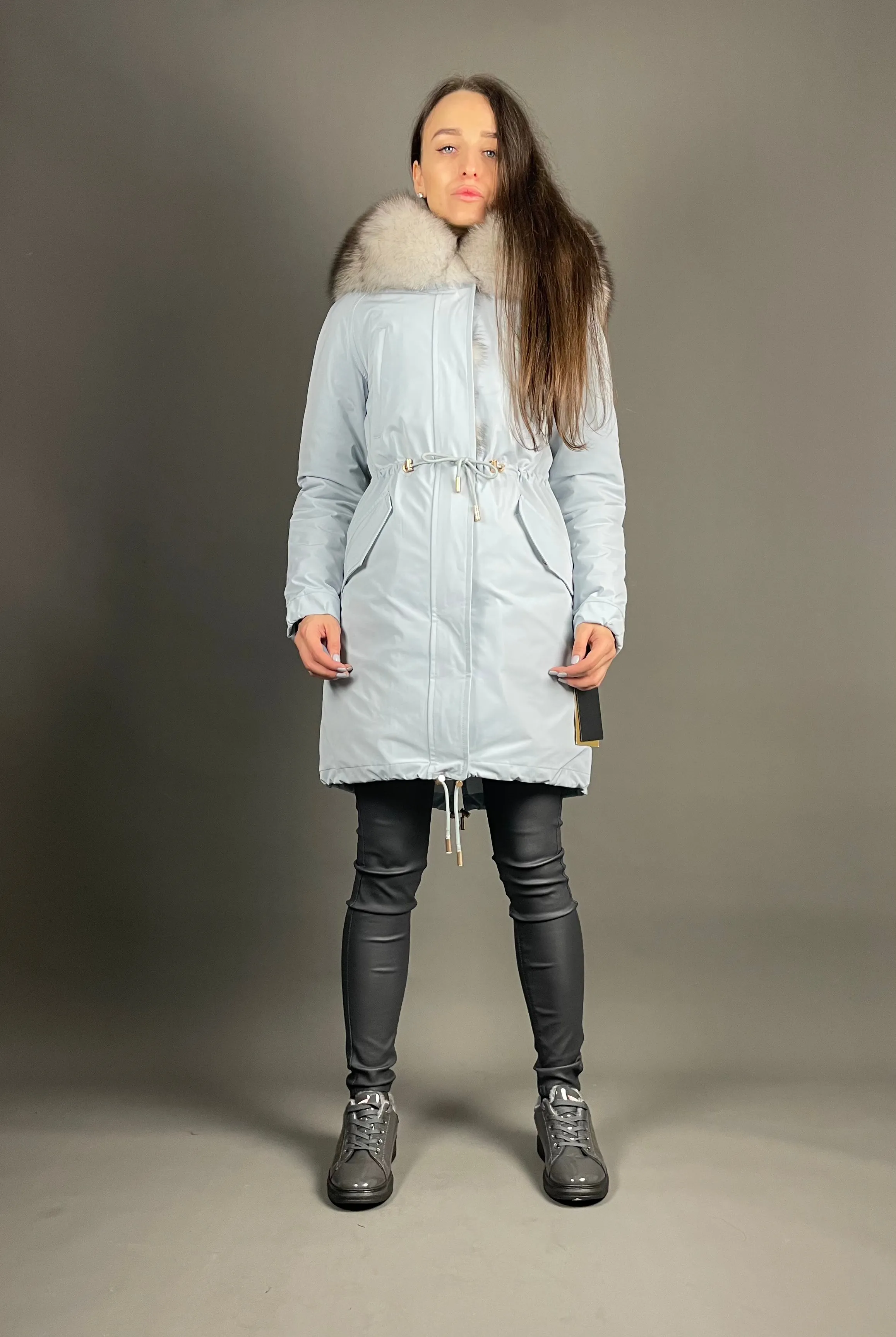 PARKA LUX Blue (JX1) with White-black fur (M16) / Rex for women 95 cm