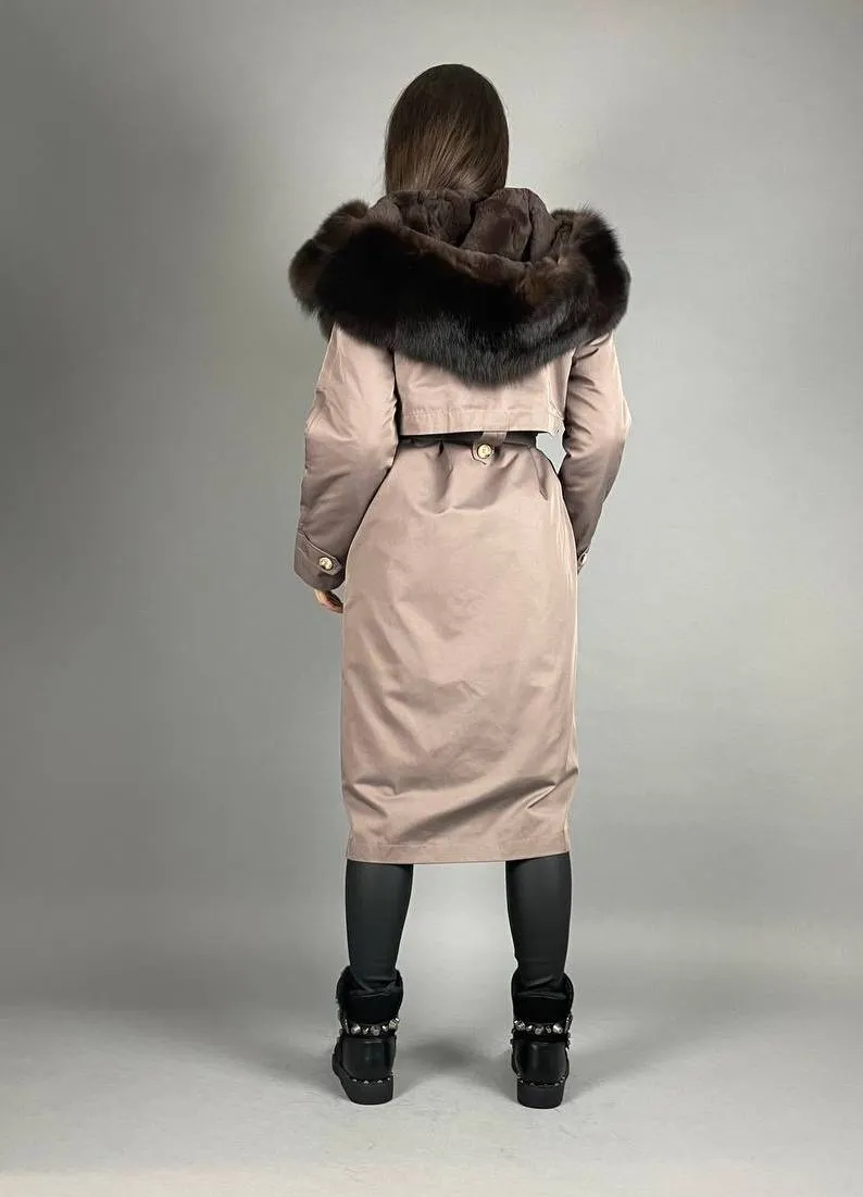 PARKA-TRENCH Baltic Cappuccino with Brown Artic fur and linig Rex rabbit fur for women 110 cm