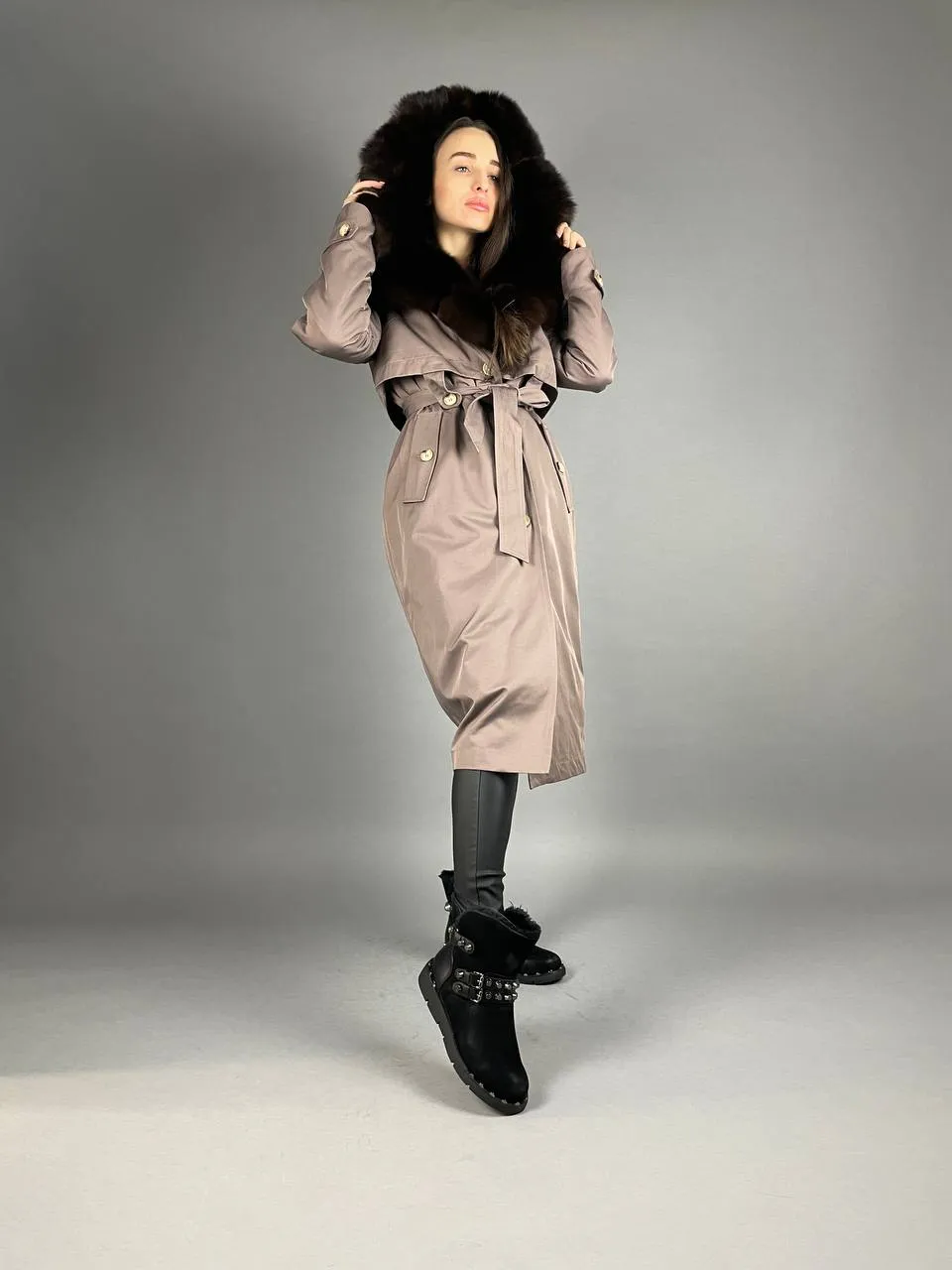 PARKA-TRENCH Baltic Cappuccino with Brown Artic fur and linig Rex rabbit fur for women 110 cm
