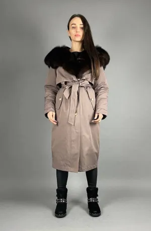 PARKA-TRENCH Baltic Cappuccino with Brown Artic fur and linig Rex rabbit fur for women 110 cm