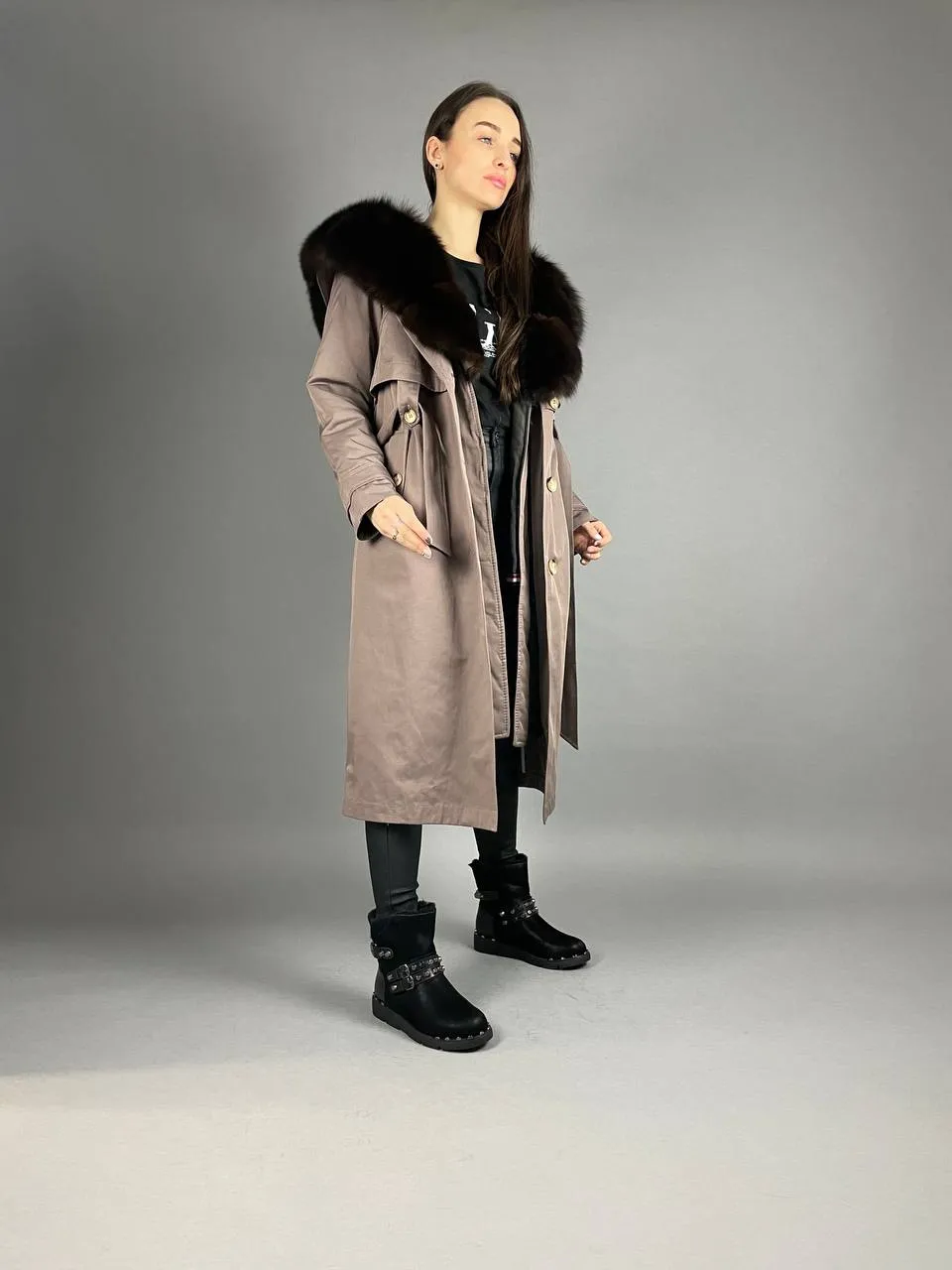 PARKA-TRENCH Baltic Cappuccino with Brown Artic fur and linig Rex rabbit fur for women 110 cm