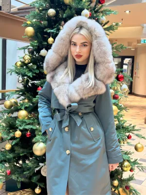 PARKA-TRENCH Baltic Ocean with Beigie fur and lining Rex rabbit fur for women 110 cm
