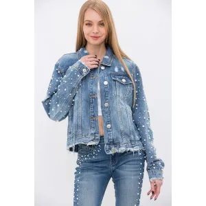 PEARL EMBELLISHED SLEEVE FRAYED DENIM JACKET: DENIM / S