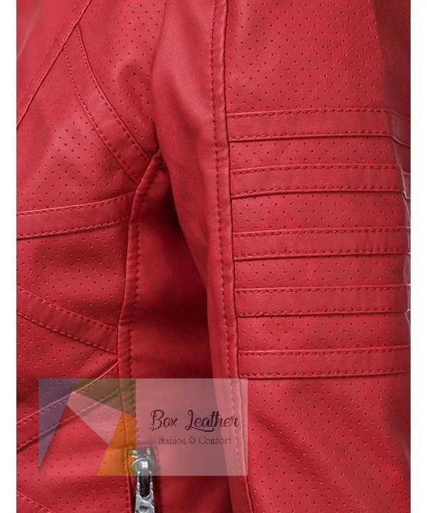 Perforated Red Leather Jackets | Stand Collar Jacket