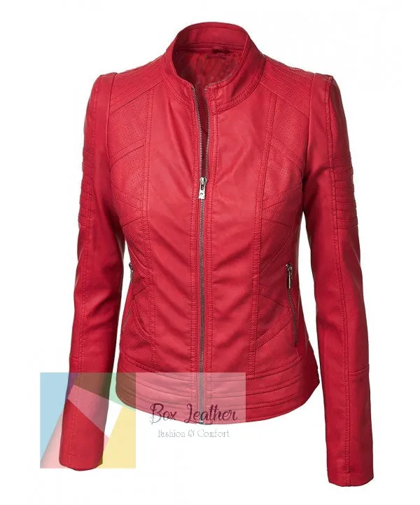 Perforated Red Leather Jackets | Stand Collar Jacket