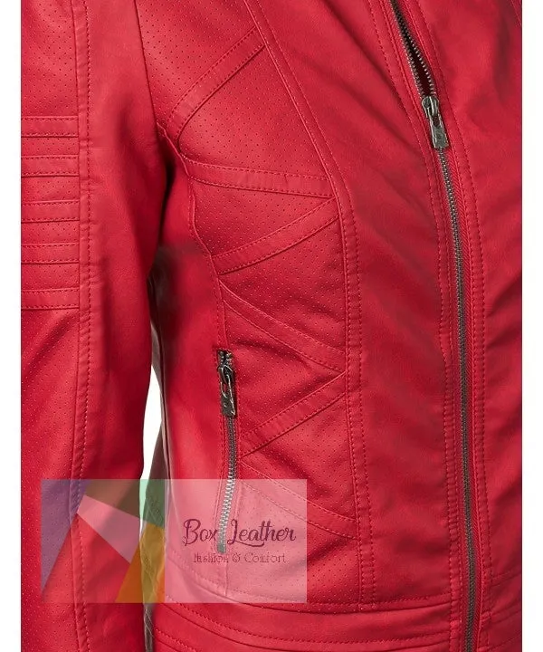 Perforated Red Leather Jackets | Stand Collar Jacket