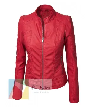 Perforated Red Leather Jackets | Stand Collar Jacket