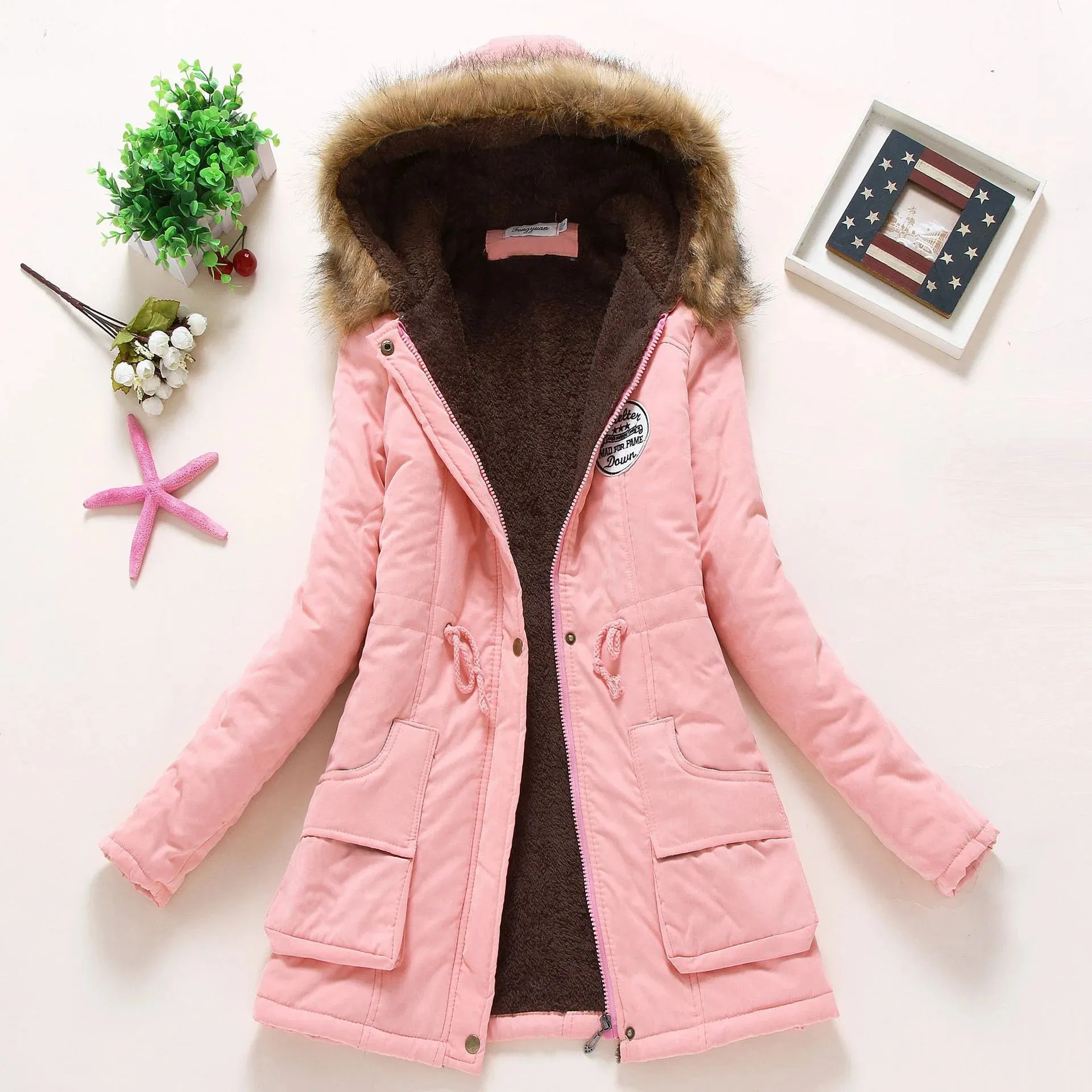 Pink Women Parkas Long Thick Warm Jacket Hooded Fur Lady Coats & Outerwear Winter Jacket Women Parkas for Coat Fashion Female