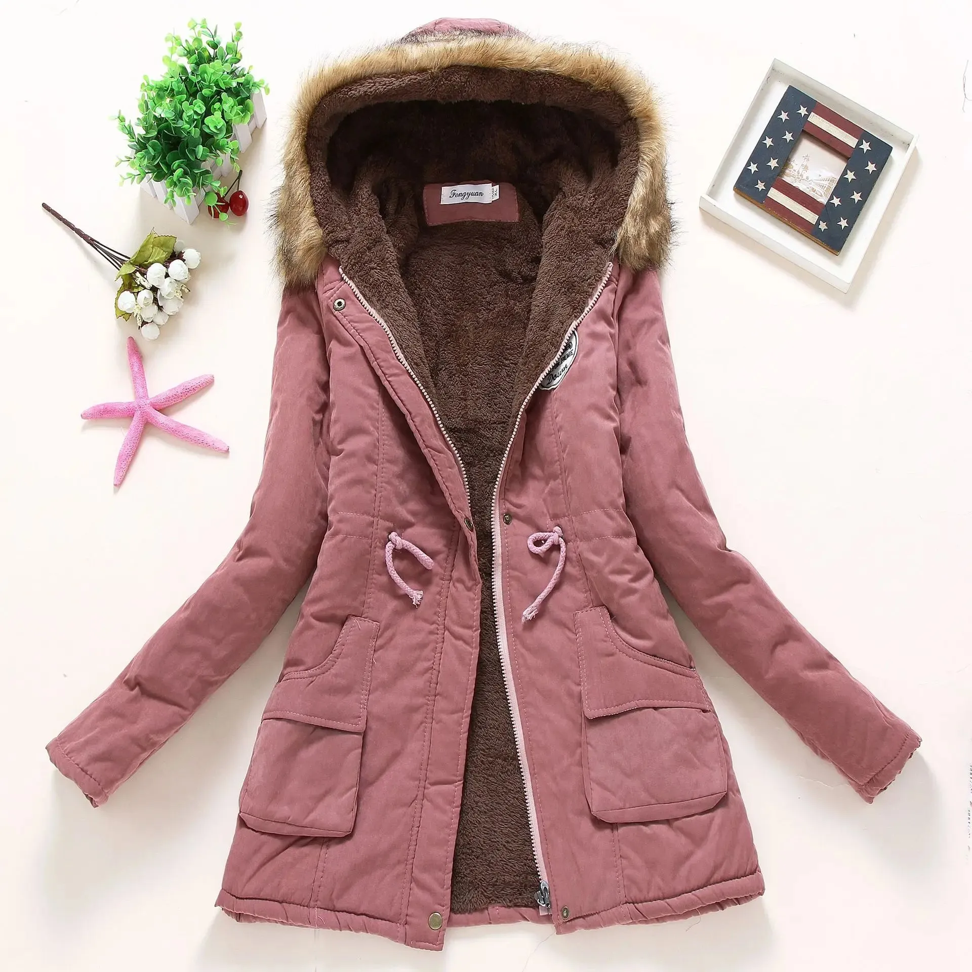 Pink Women Parkas Long Thick Warm Jacket Hooded Fur Lady Coats & Outerwear Winter Jacket Women Parkas for Coat Fashion Female