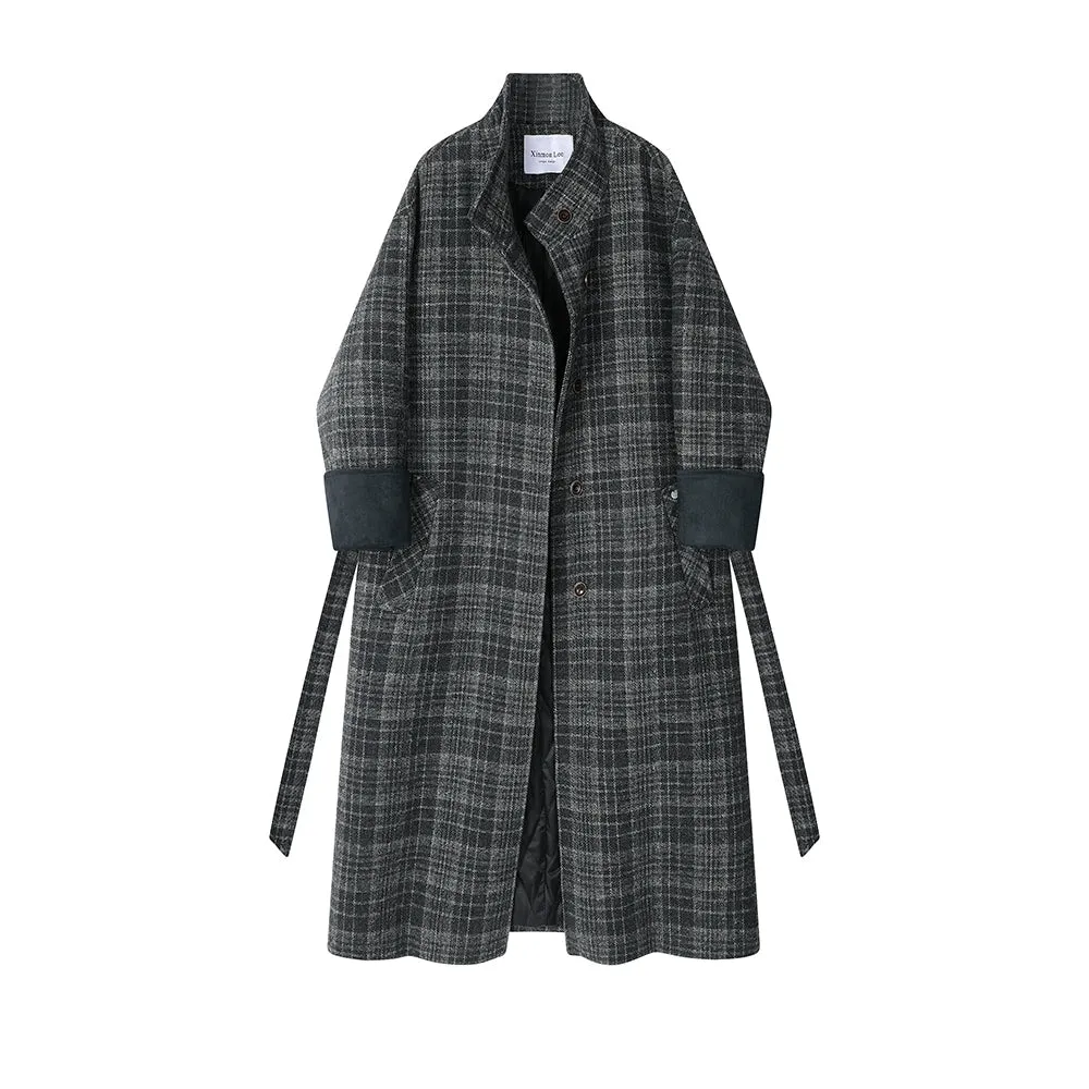 Plaid Wool Long Coat with Belt