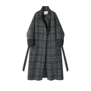 Plaid Wool Long Coat with Belt