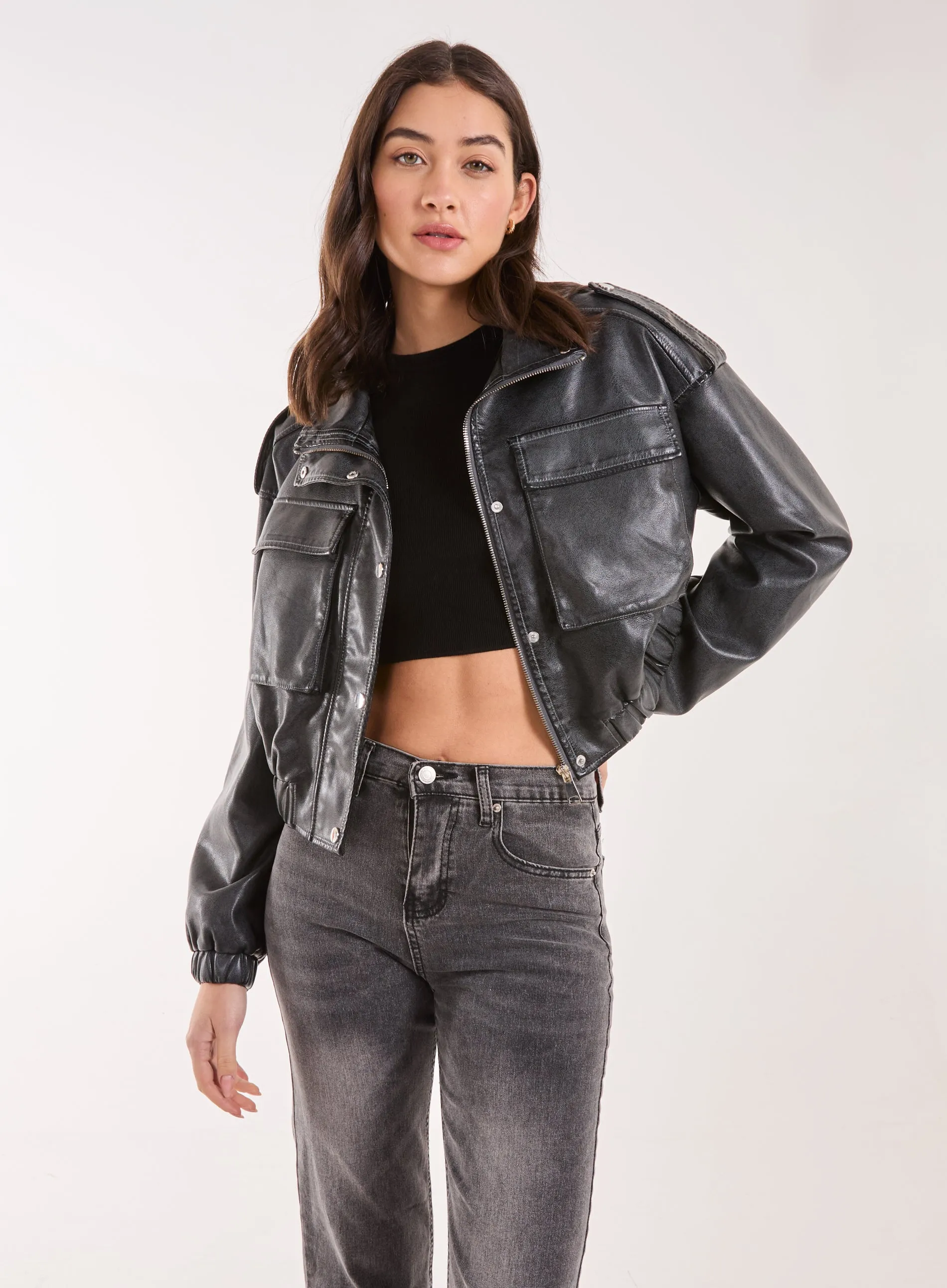 PU Utility Cropped Bomber Jacket
