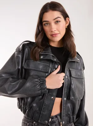 PU Utility Cropped Bomber Jacket
