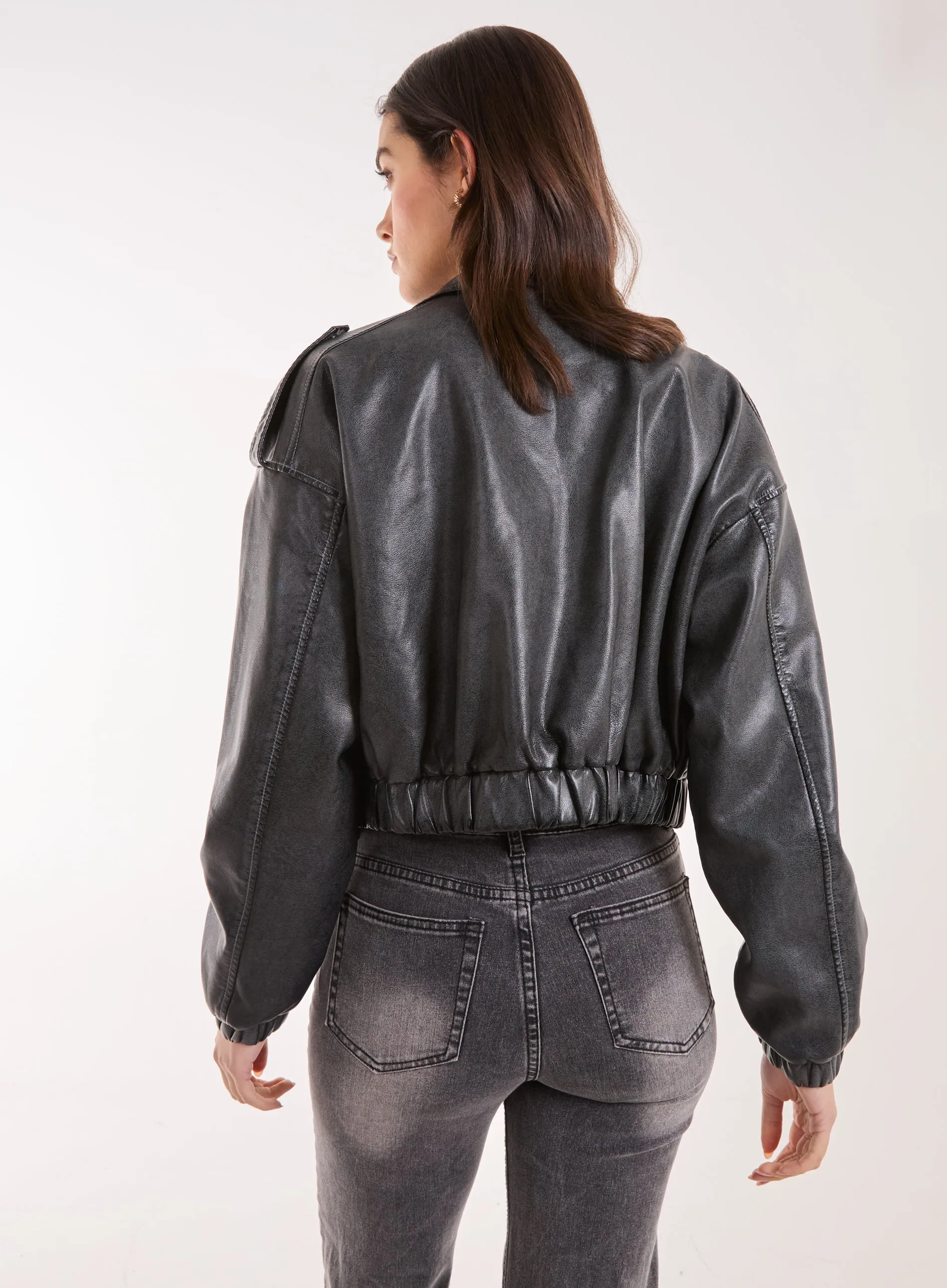 PU Utility Cropped Bomber Jacket