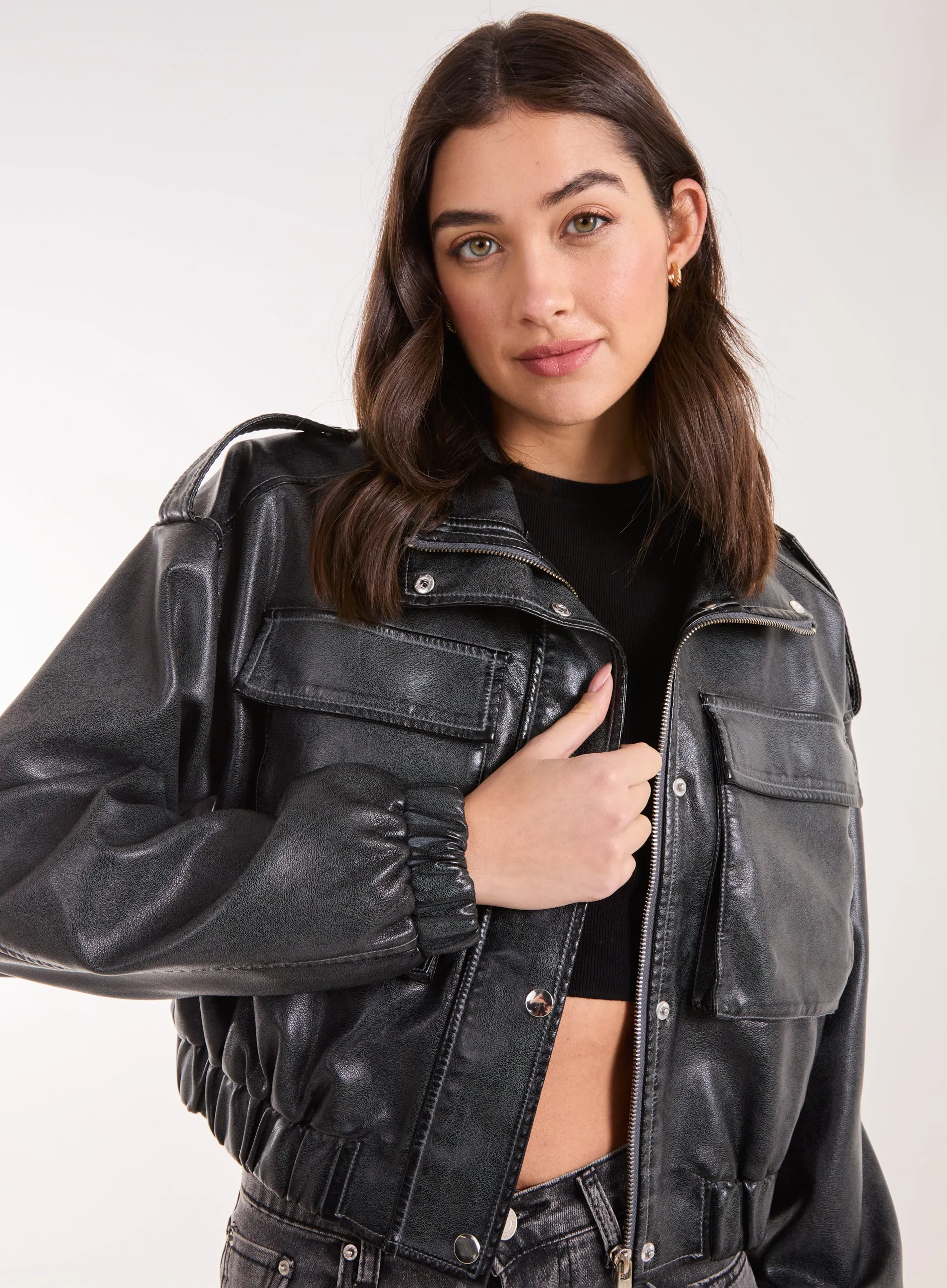 PU Utility Cropped Bomber Jacket