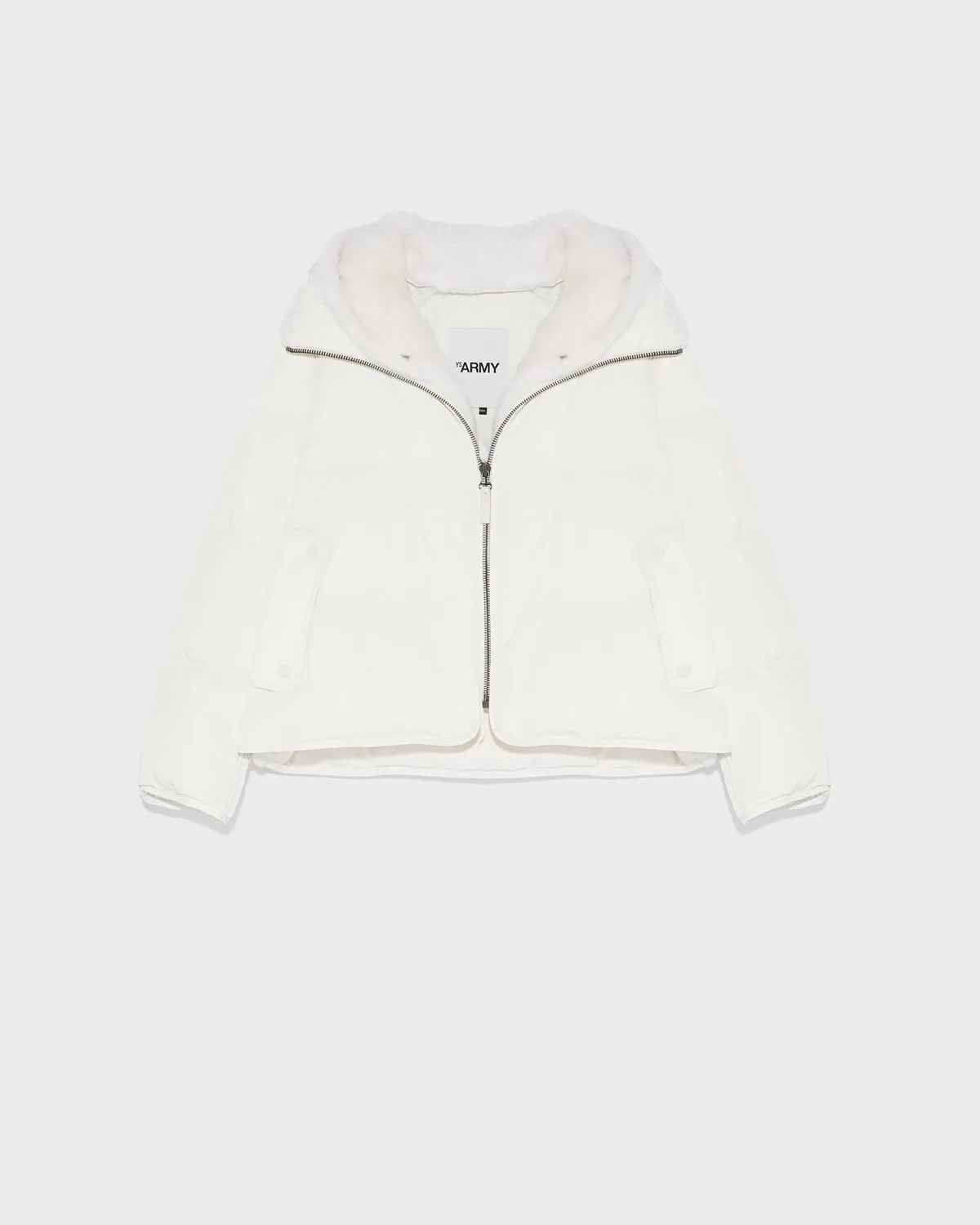 "A" line down jacket in technical fabric with long-haired mink hooded bib