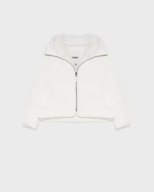"A" line down jacket in technical fabric with long-haired mink hooded bib