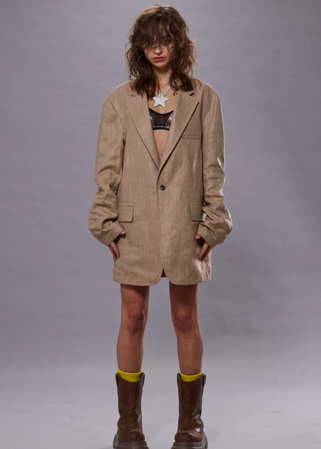 R13 Oversized Ragged Blazer in Brown Herringbone