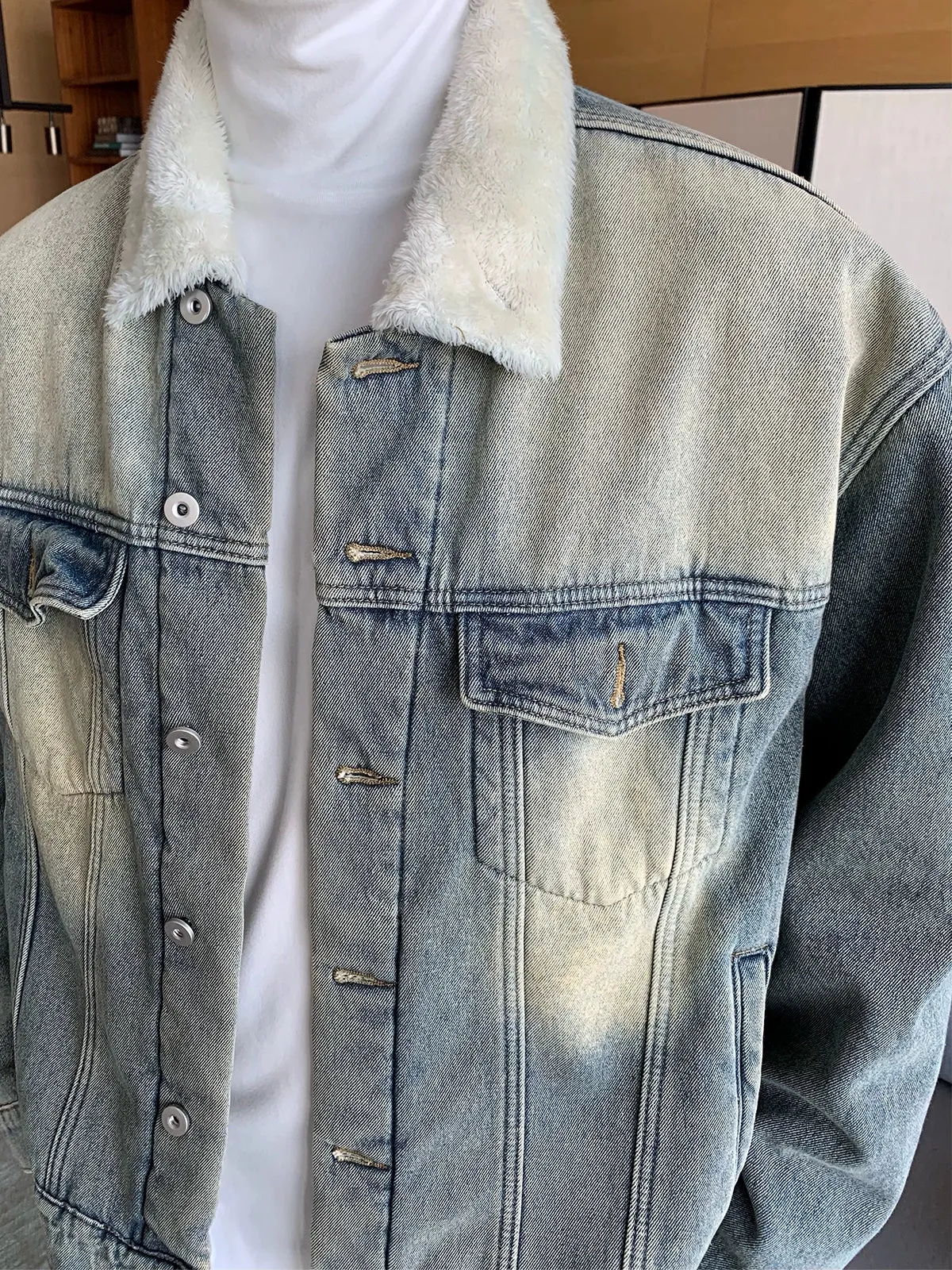 Retro Lambskin Wool Collar Denim Jacket