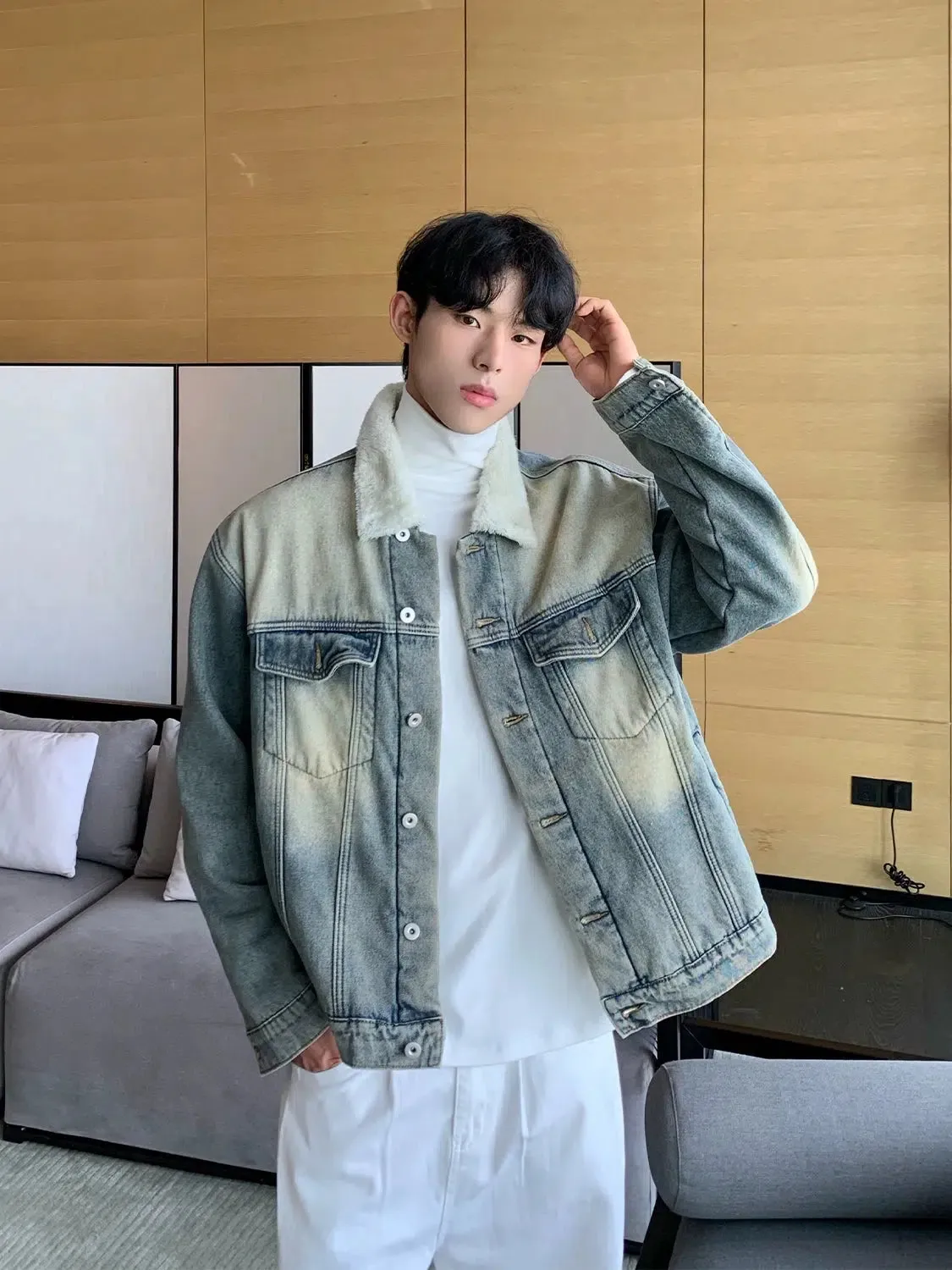 Retro Lambskin Wool Collar Denim Jacket