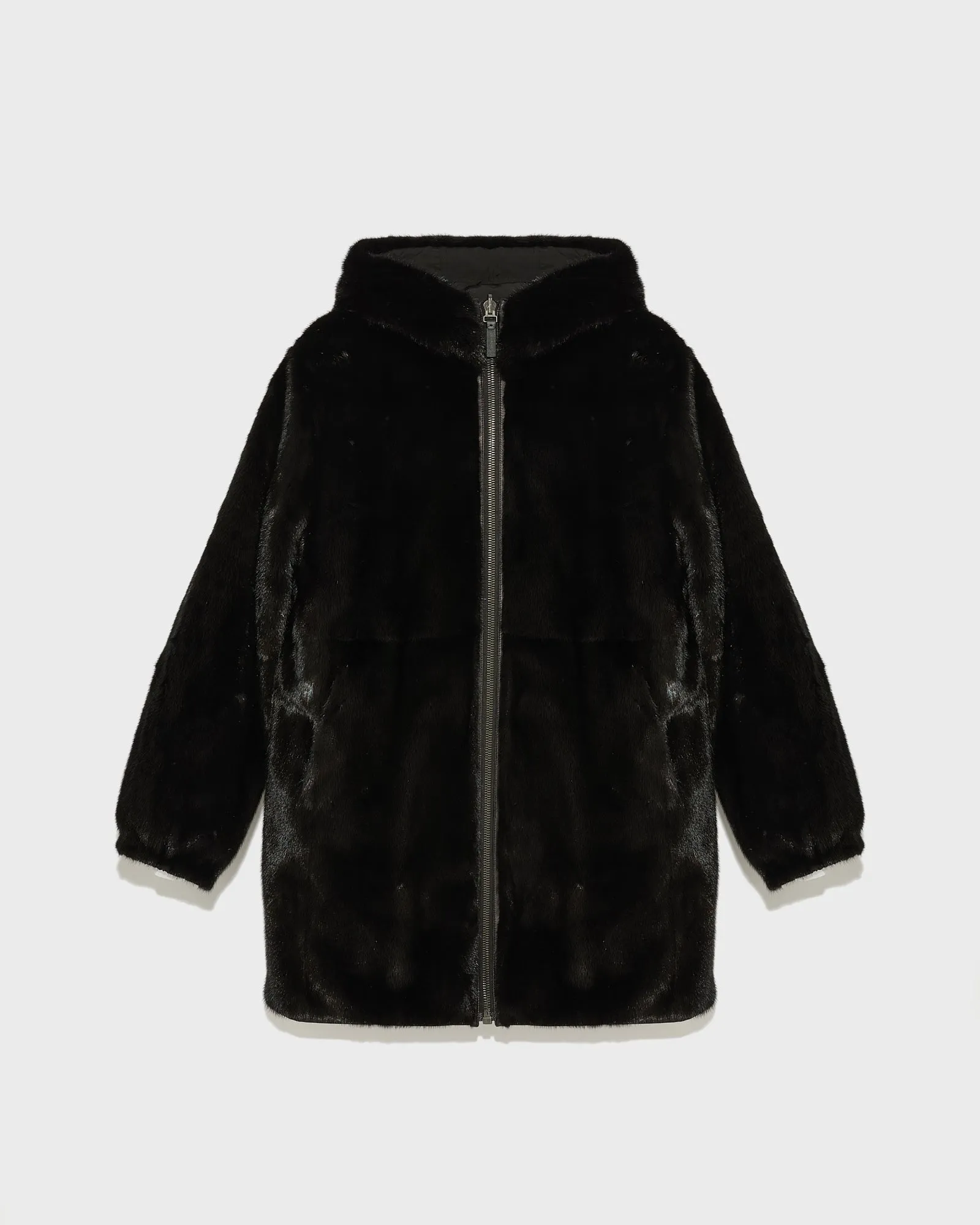 Reversible long parka in technical fabric and mink fur