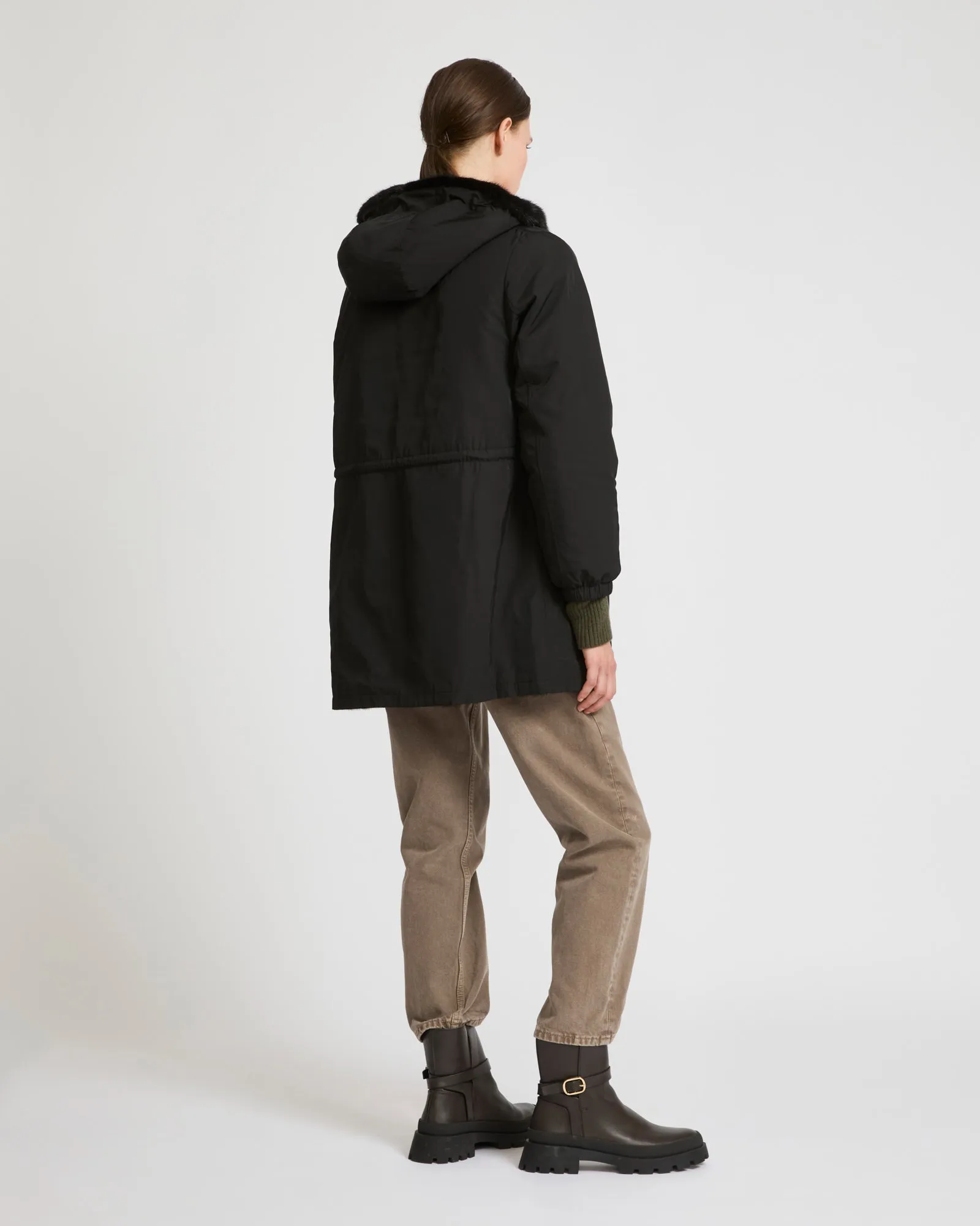 Reversible long parka in technical fabric and mink fur