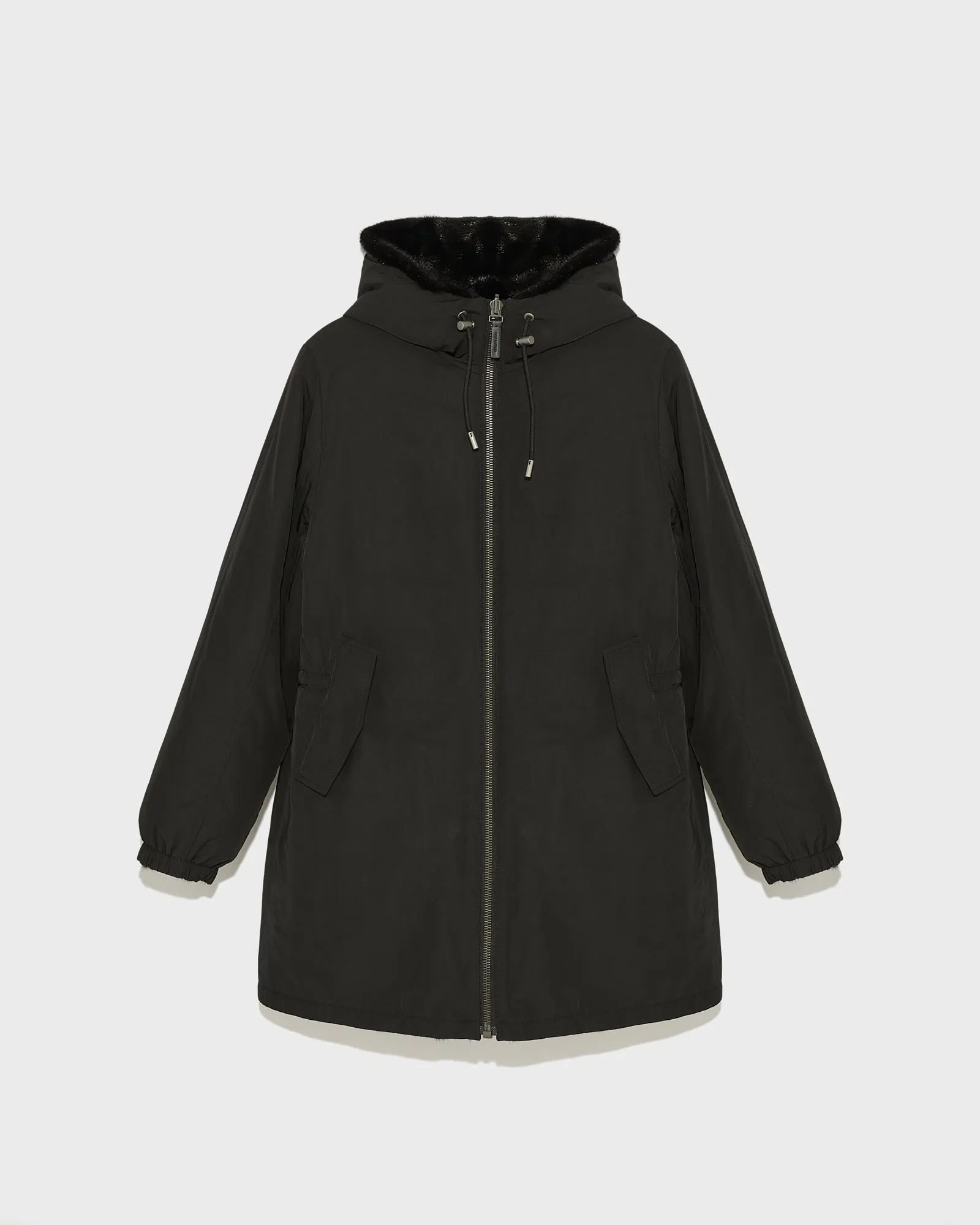 Reversible long parka in technical fabric and mink fur