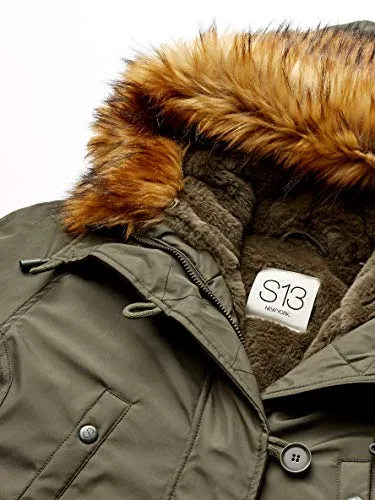 S13 Women's Luxe Alaska Long Down Parka with Faux Fur Hood, army/ natural, Small