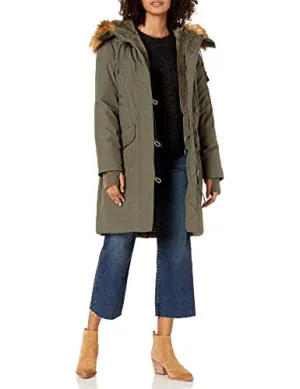 S13 Women's Luxe Alaska Long Down Parka with Faux Fur Hood, army/ natural, Small