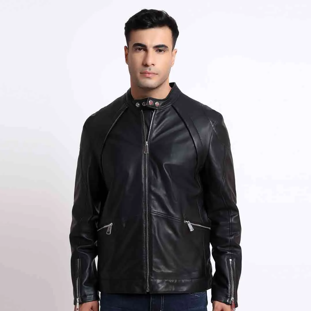 Saint Ethan Men Black Leather Skull Cafe Racer Jackets