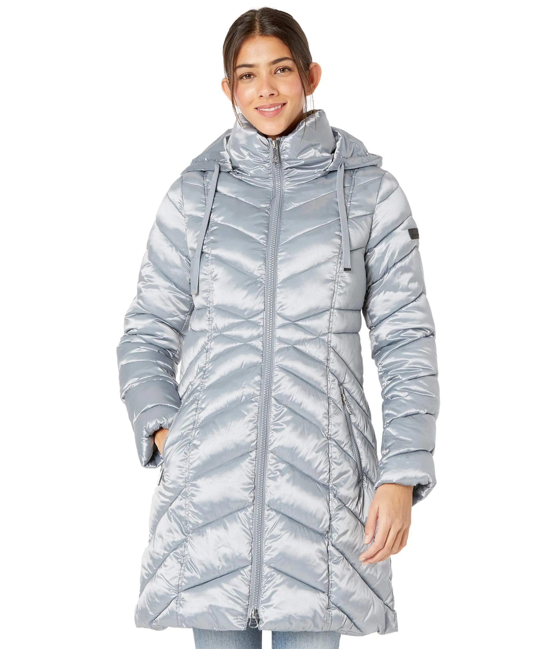 Sam Edelman 3/4 Hooded Chevron Poly Puffer Coat Pewter MD (US 8-10)