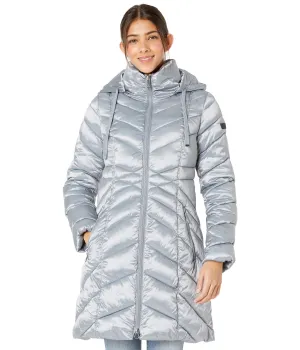 Sam Edelman 3/4 Hooded Chevron Poly Puffer Coat Pewter MD (US 8-10)