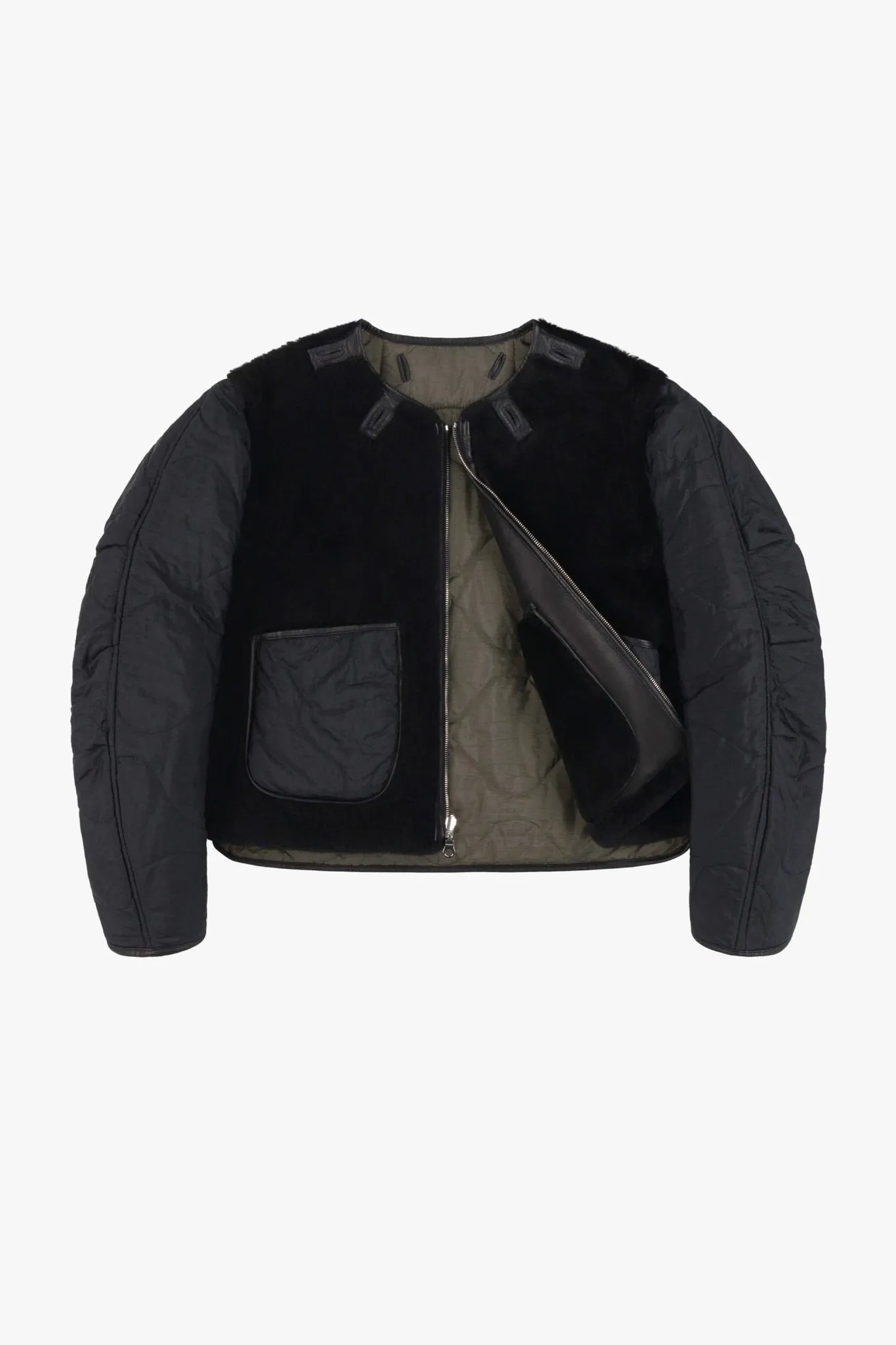 Shearling Cropped Aviator Quilt Jacket - Black / Black