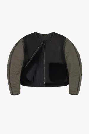 Shearling Cropped Aviator Quilt Jacket - Black / Black