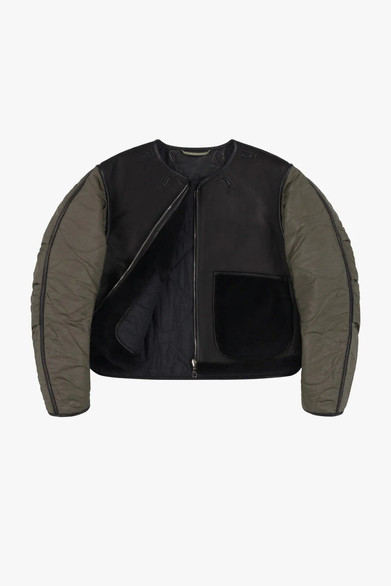 Shearling Cropped Aviator Quilt Jacket - Black / Black