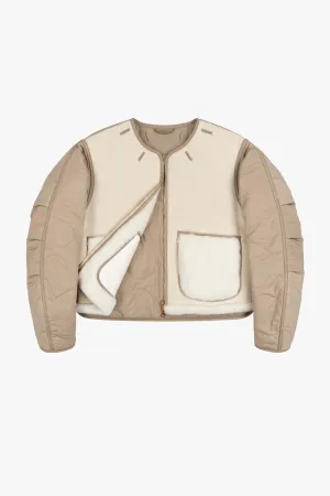 Shearling Cropped Aviator Quilt Jacket - Ivory / Natural
