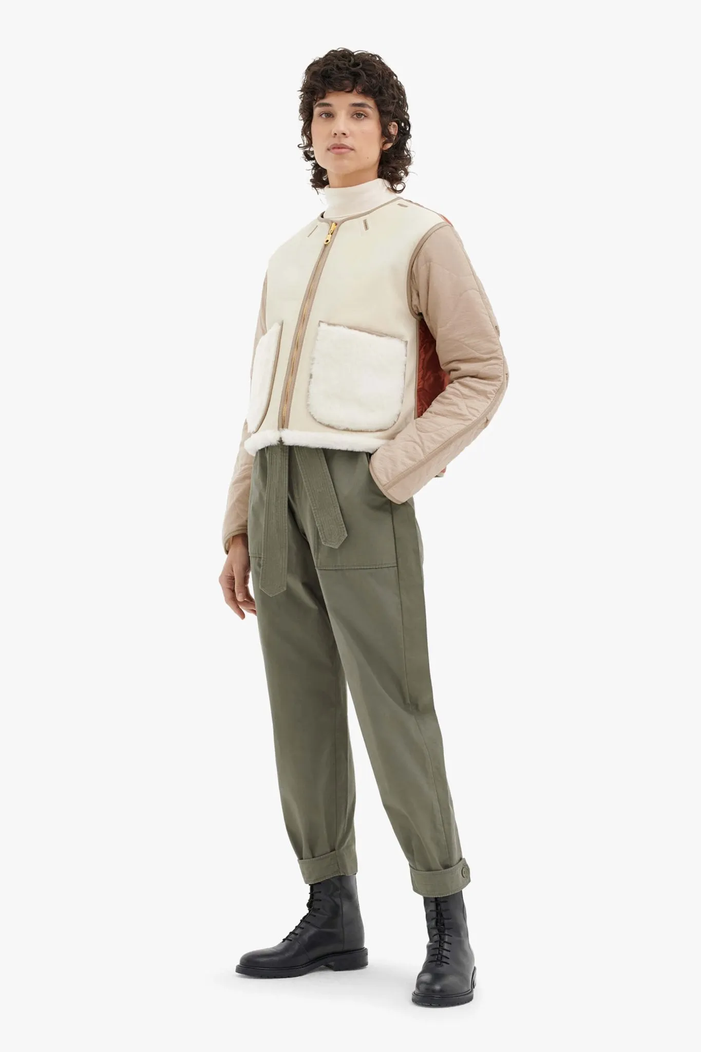 Shearling Cropped Aviator Quilt Jacket - Ivory / Natural