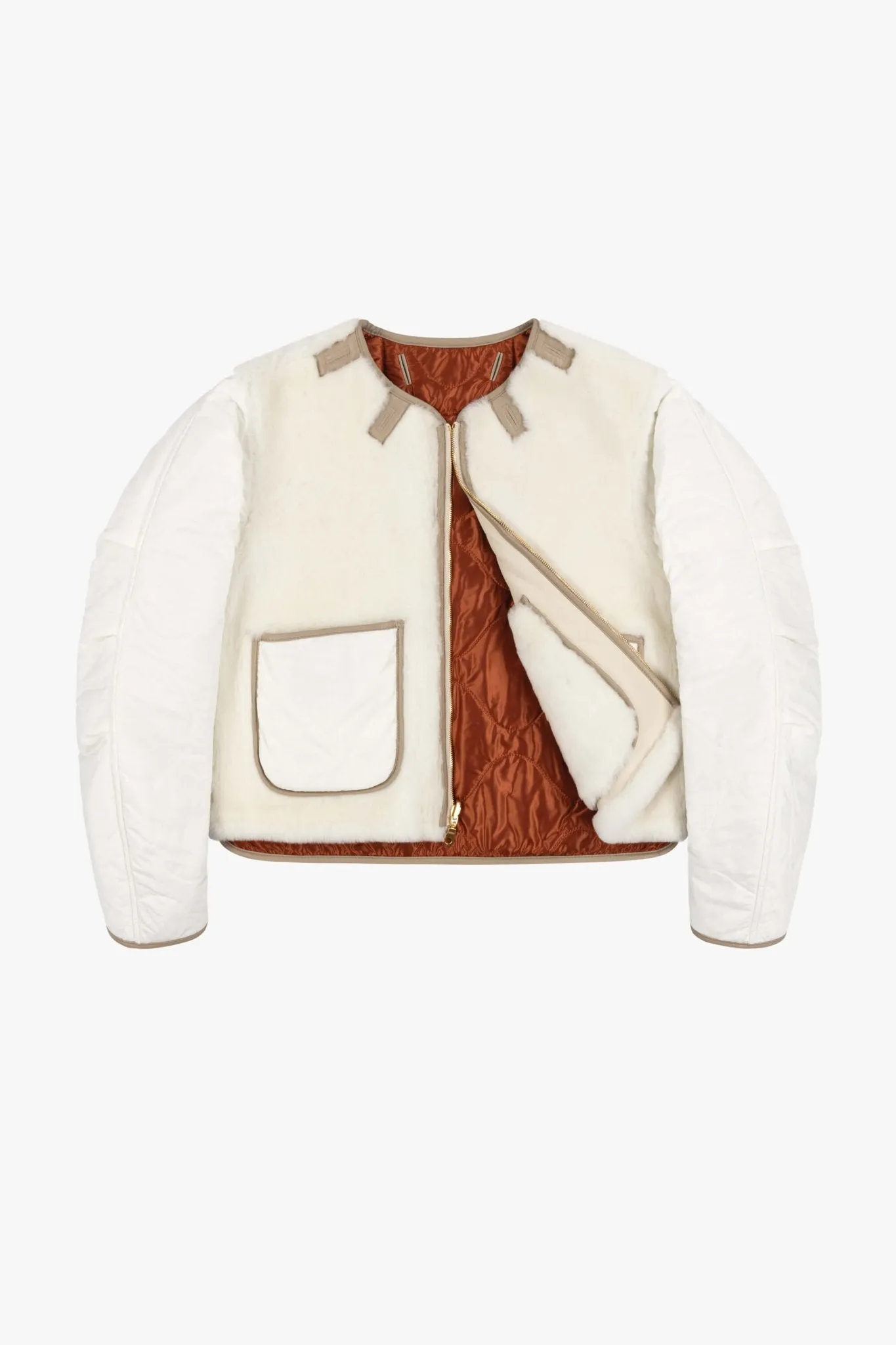 Shearling Cropped Aviator Quilt Jacket - Ivory / Natural
