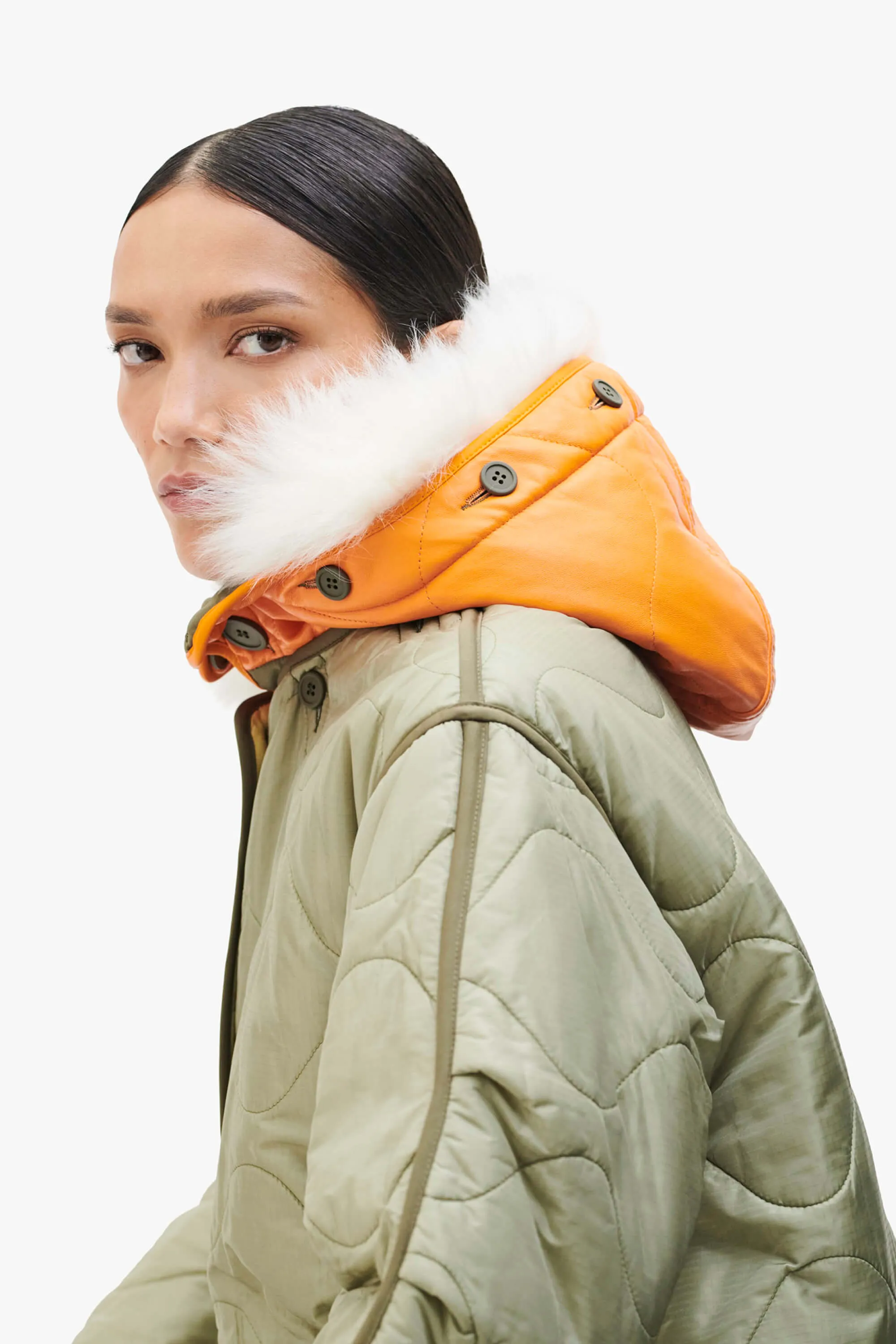 Shearling Leather Quilt Hood - Natural / Orange