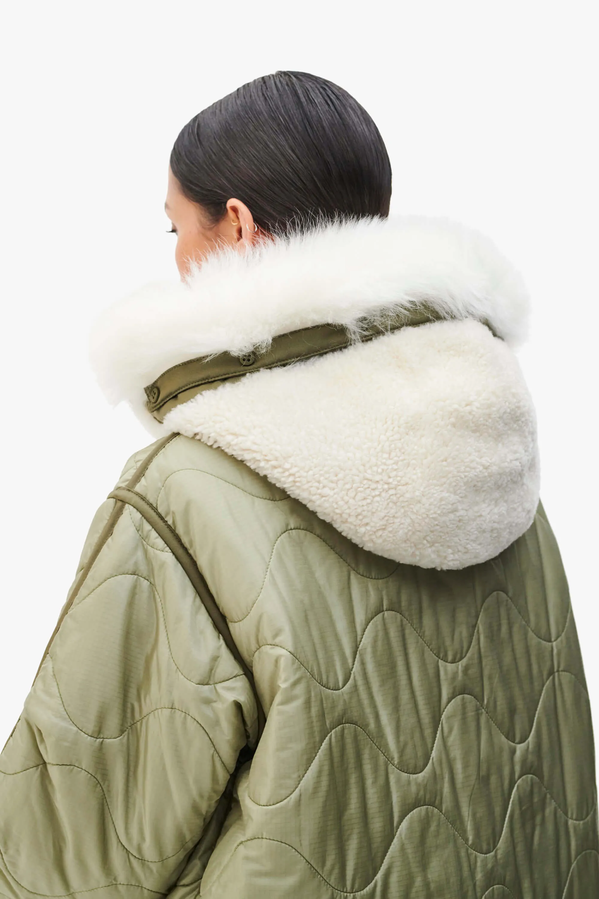 Shearling Leather Quilt Hood - Natural / Orange