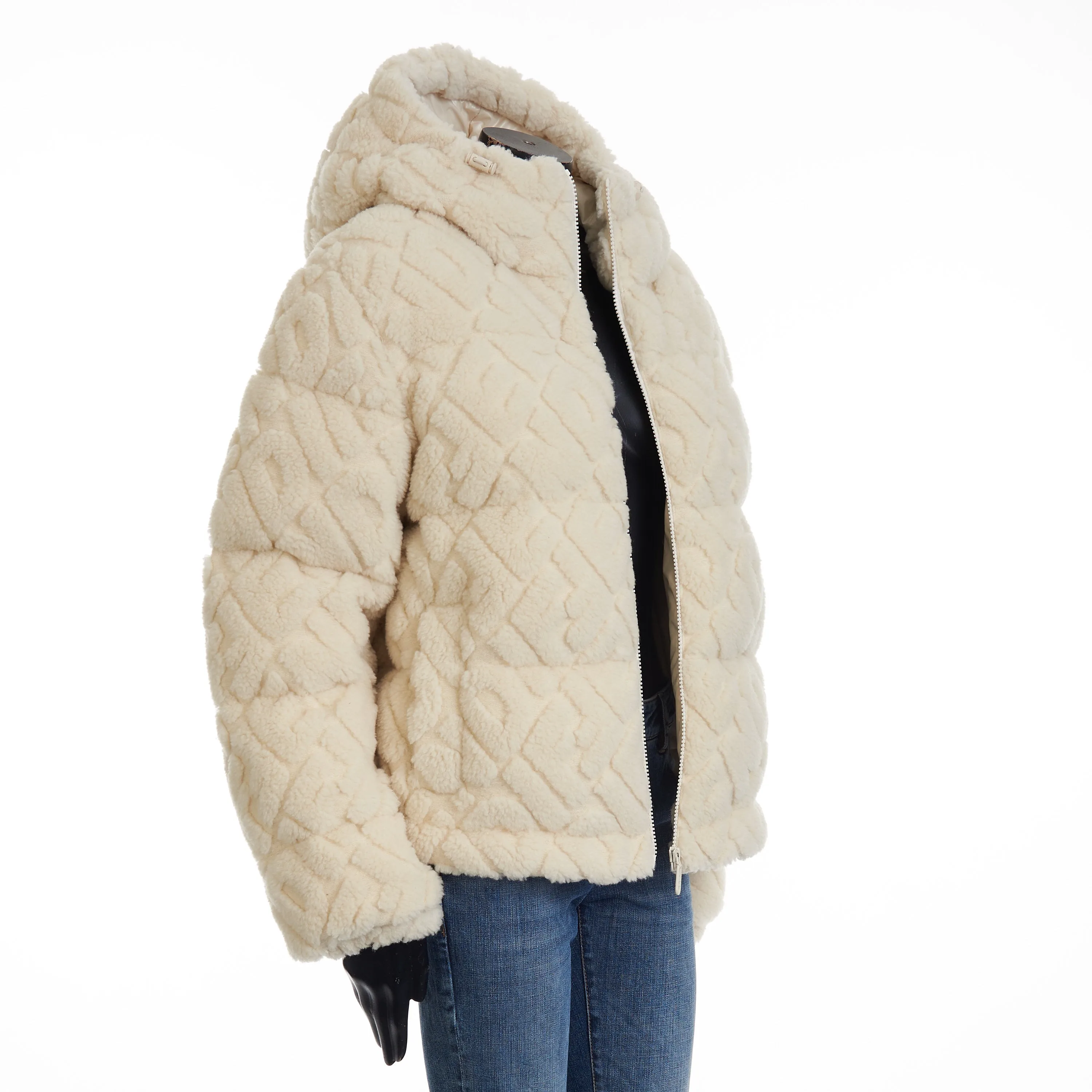 Short Blouson Jacket - White Wool, FF Motif, Drawstring