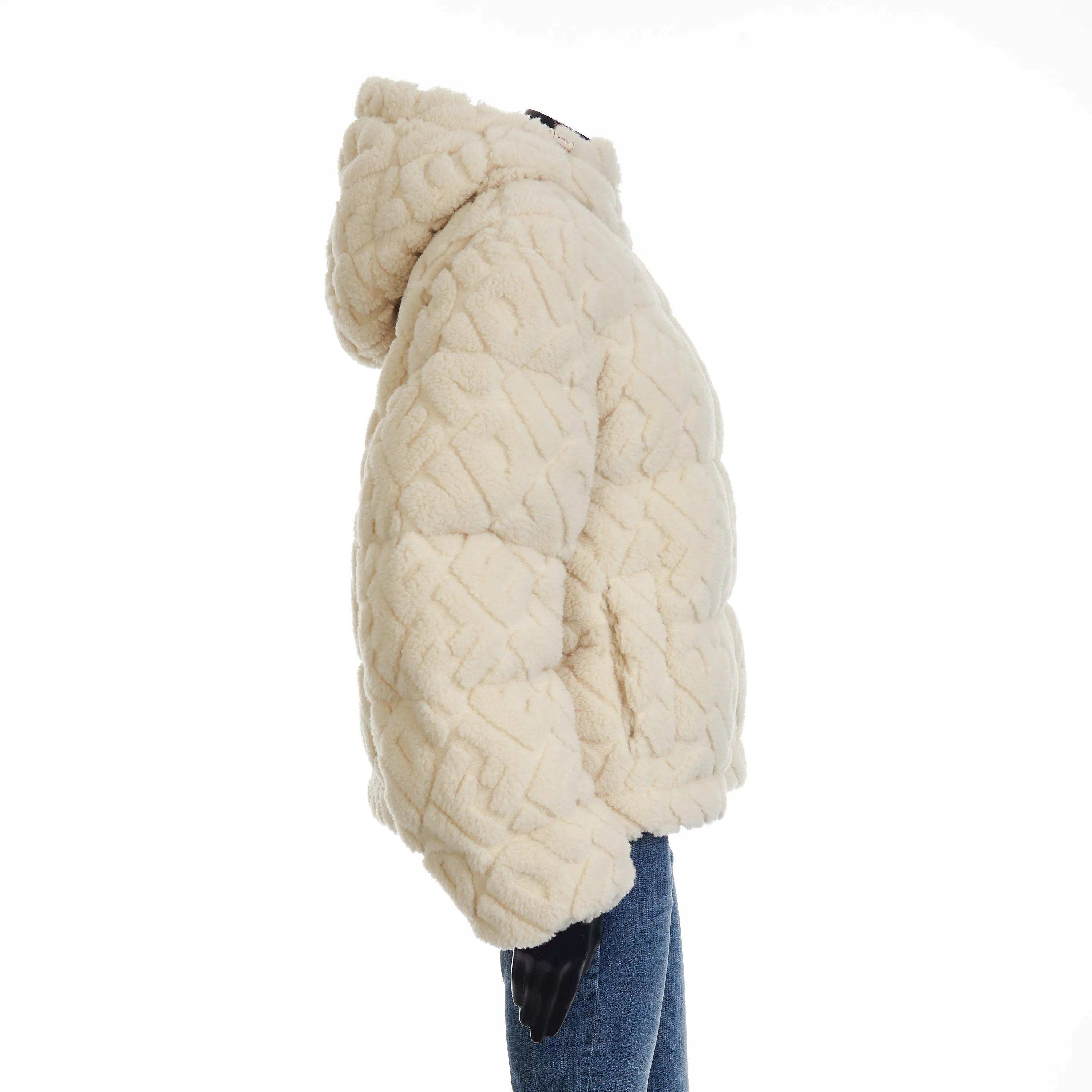 Short Blouson Jacket - White Wool, FF Motif, Drawstring