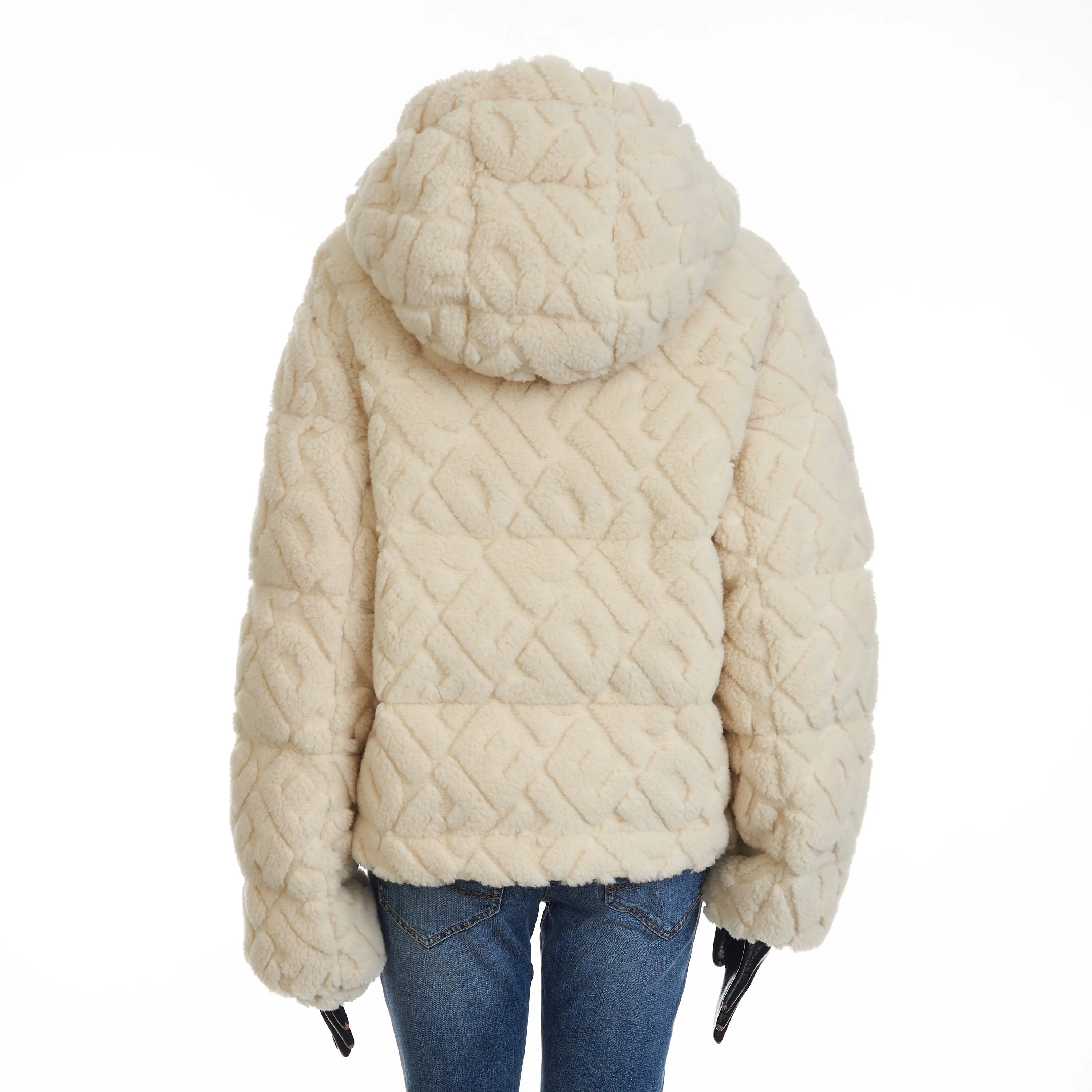 Short Blouson Jacket - White Wool, FF Motif, Drawstring